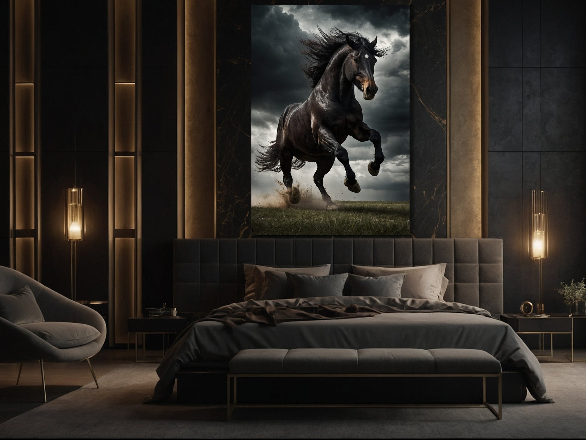Schwarzer Hengst im Sturm als Wandkunst Poster im Schlafzimmer über dem Bett mit ruhiger und kraftvoller Bildwirkung