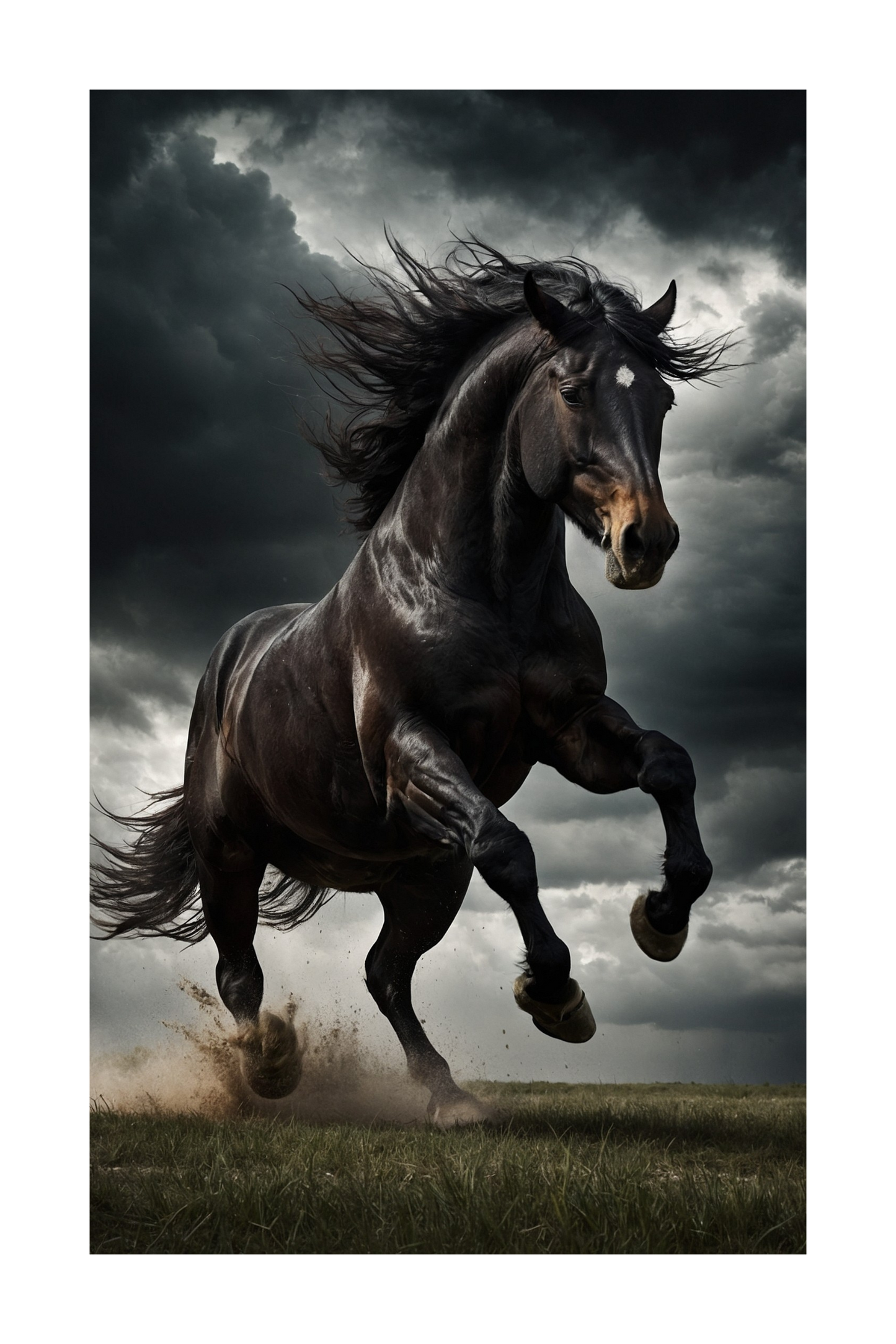Freigestelltes Wandkunst Poster mit schwarzem Hengst im Sturm für klare Produktdarstellung