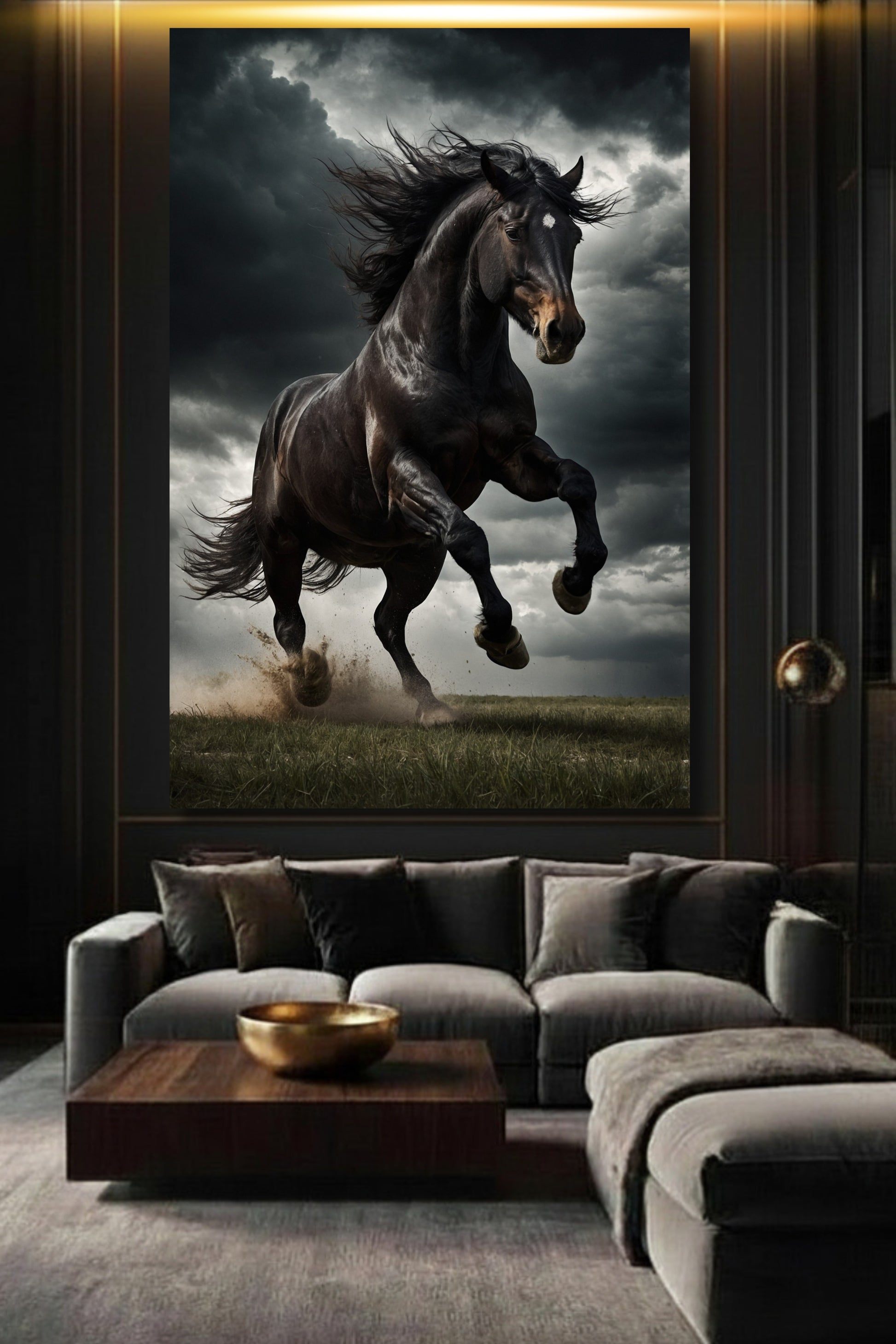 Wandkunst Poster mit schwarzem Hengst im Sturm in stilvolle Wohnzimmer mit dunkler Wand über einem Sofa als großformatiges Motiv