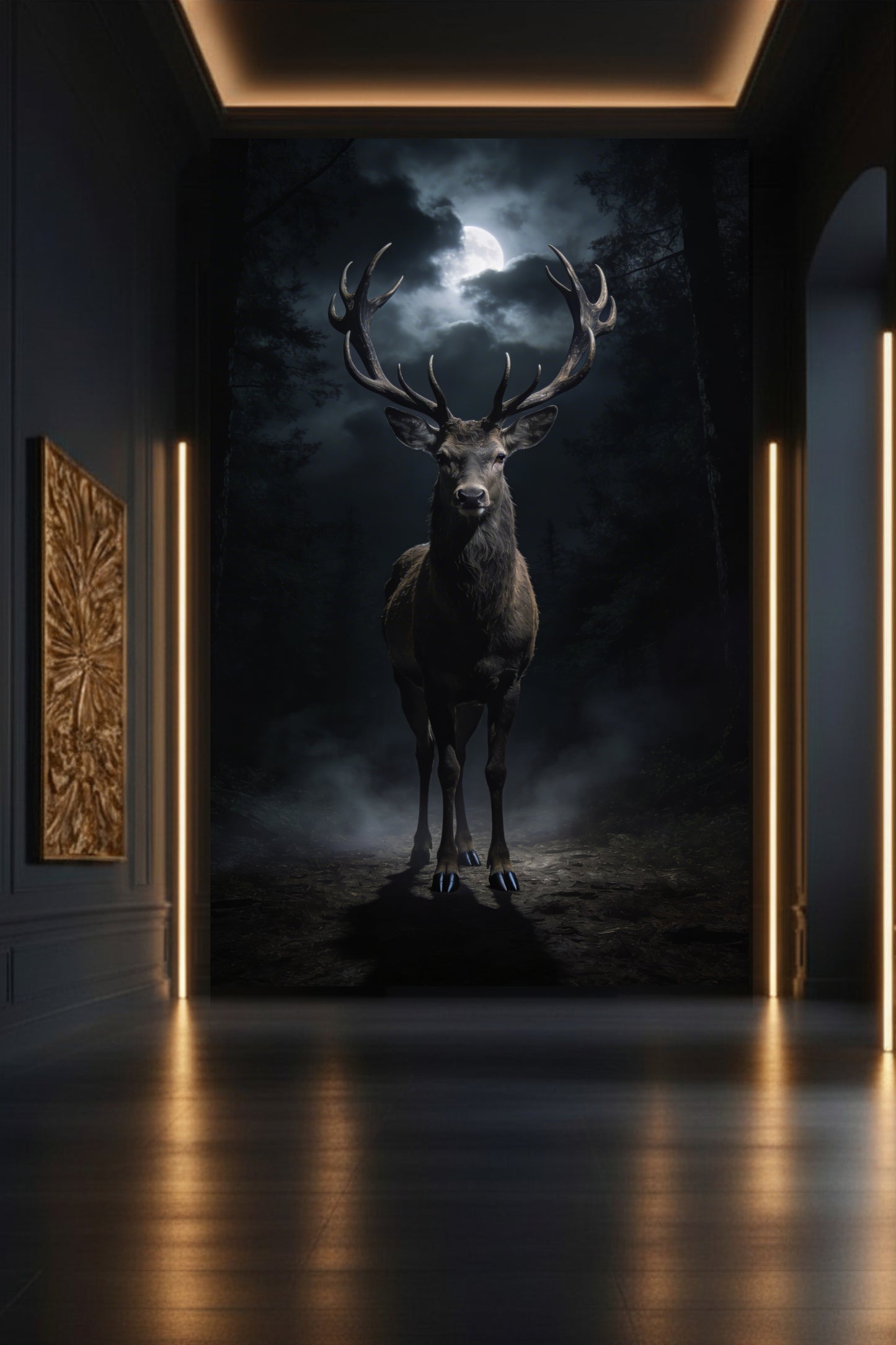 Schwarzer Hirsch im Mondlicht auf Leinwand 32x48 Zoll in edler Galerie mit dunkler Wand und warmen Lichtakzenten – ausdrucksstarke Tierkunst mit intensiver Präsenz