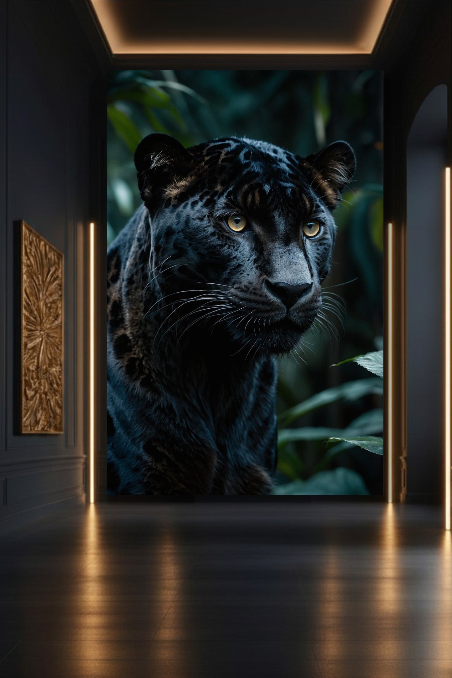 Schwarzer Jaguar im Dschungel auf Leinwand in eleganter Galerie mit dunkler Wand und warmen Lichtakzenten – ausdrucksstarke Tierkunst mit intensiver Präsenz
