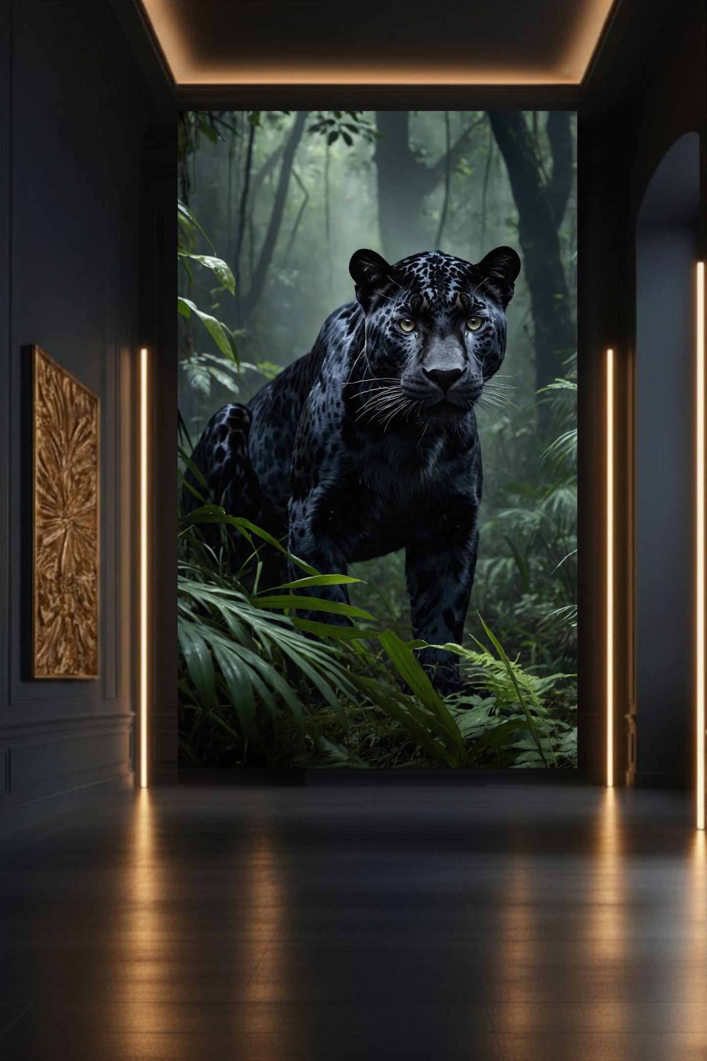 Schwarzer Jaguar im nebeligen Dschungel auf Leinwand in eleganter Galerie mit dunkler Wand und warmen Lichtakzenten – ausdrucksstarke Tierkunst mit intensiver Präsenz