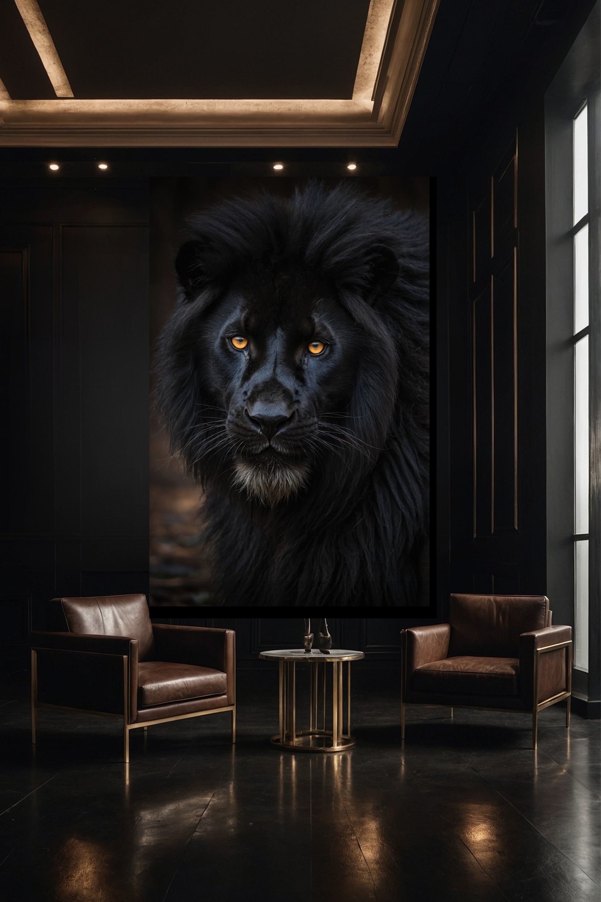 Schwarzer Löwe Leinwandkunst 40x60 Zoll in moderner Galerie mit gezielter Beleuchtung und ruhiger Bildwirkung