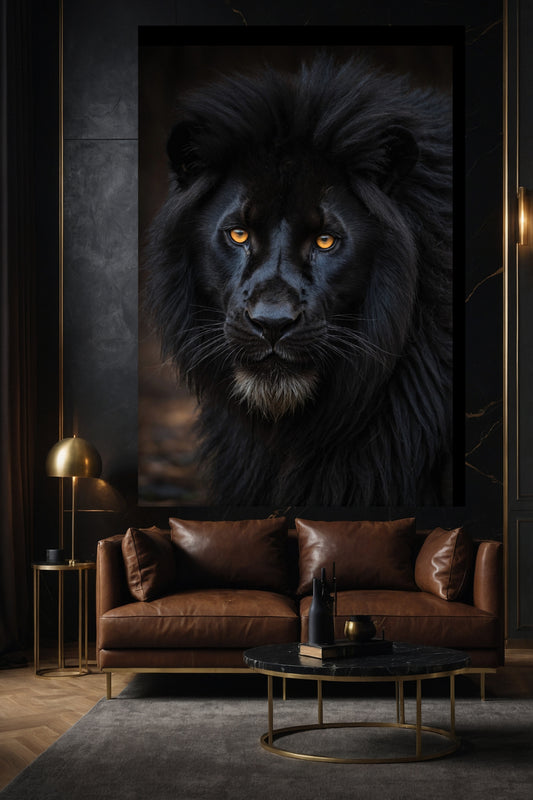 Schwarzer Löwe Leinwand 40x60 Zoll im modernen Wohnzimmer über braunem Ledersofa als kontraststarkes Wandbild 
