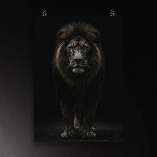 Schwarzer Löwe in ruhiger, fokussierter Haltung vor dunklem Hintergrund als ausdrucksstarkes Tierportrait im Format 70x100 cm