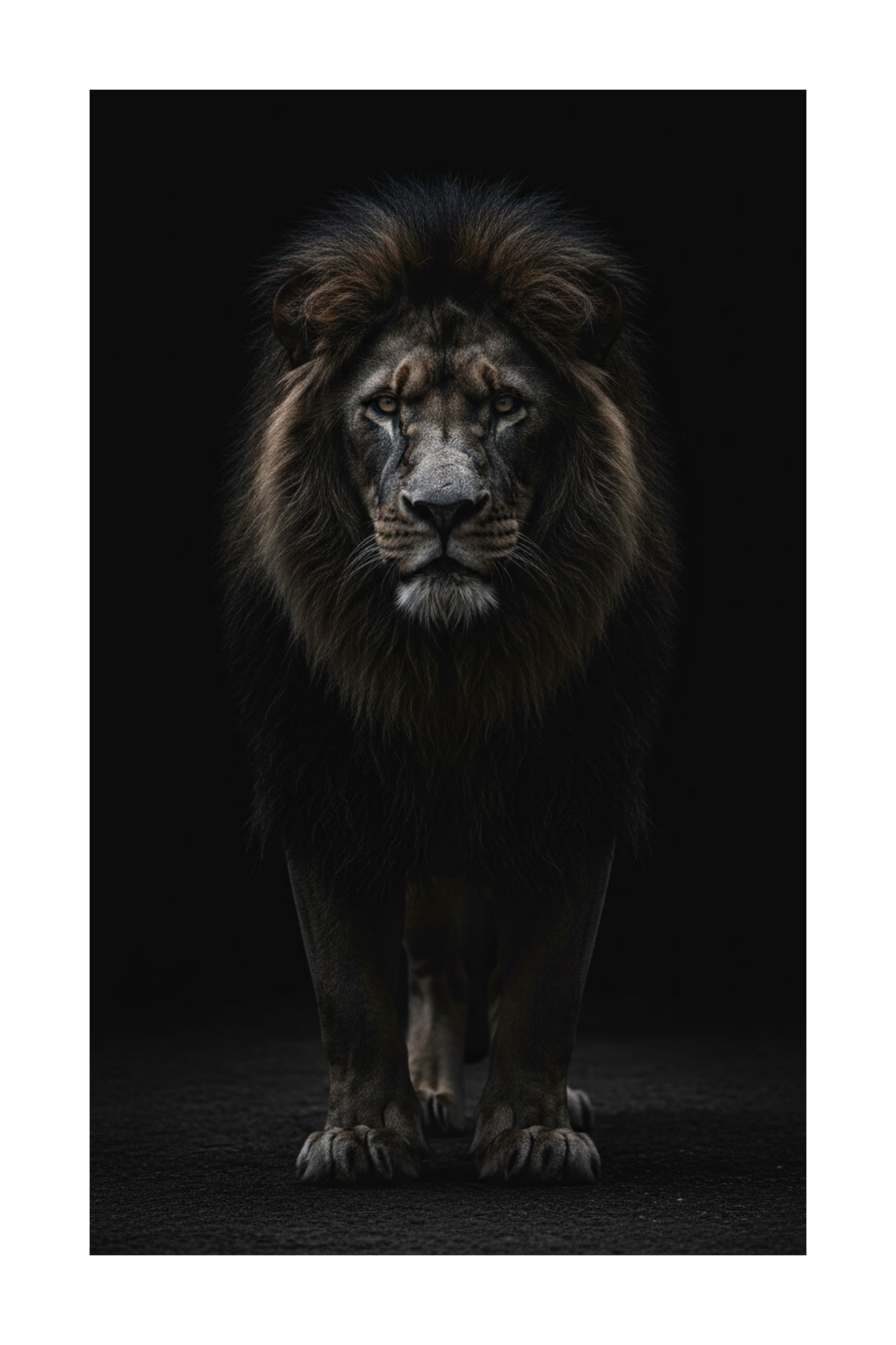 Freigestelltes Motiv eines schwarzen Löwen als ausdrucksstarkes Tierportrait für Wandkunst im Format 70x100 cm