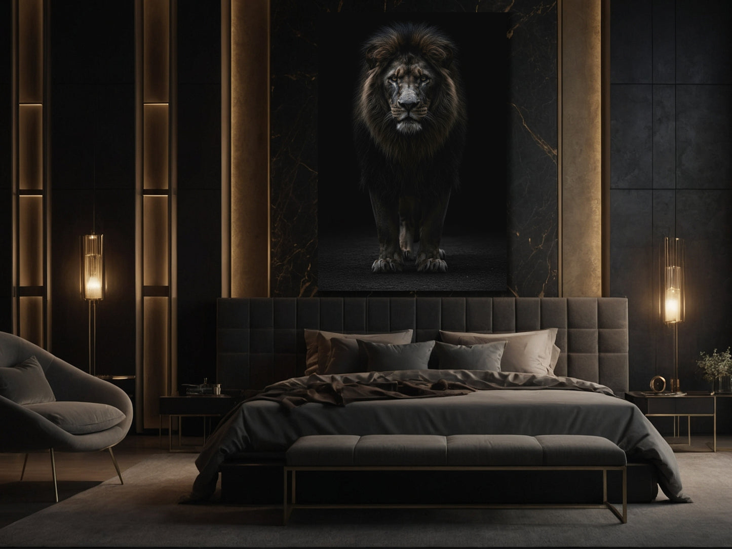 Schwarzer Löwe als elegantes Wandbild über dem Bett in modernem Schlafzimmer mit warmer Lichtstimmung im Format 70x100 cm
