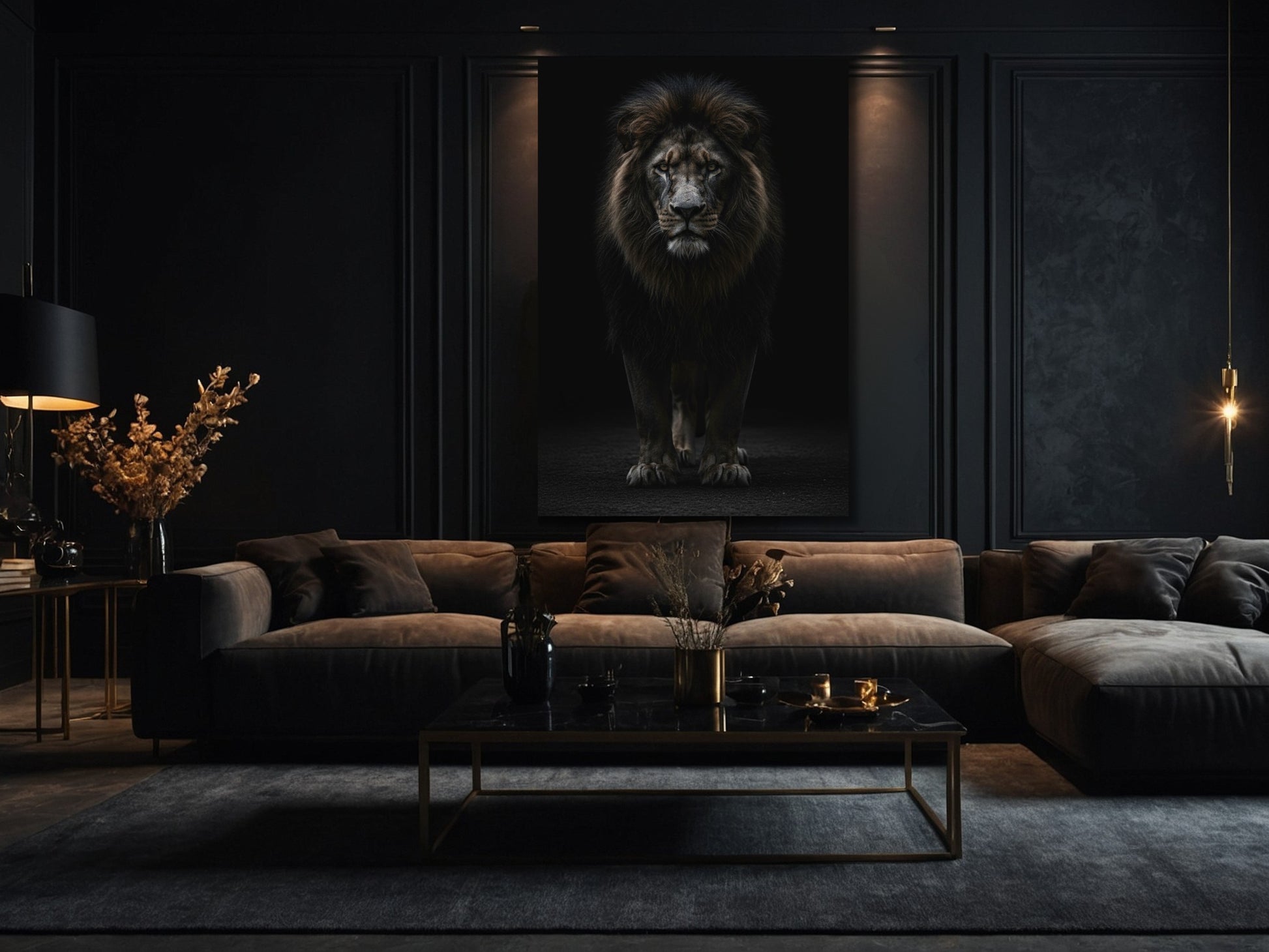 Schwarzer Löwe als Wandkunst im Wohnzimmer mit dunklem Interior und warmer Beleuchtung, ruhige und kraftvolle Raumwirkung im Format 70x100 cm