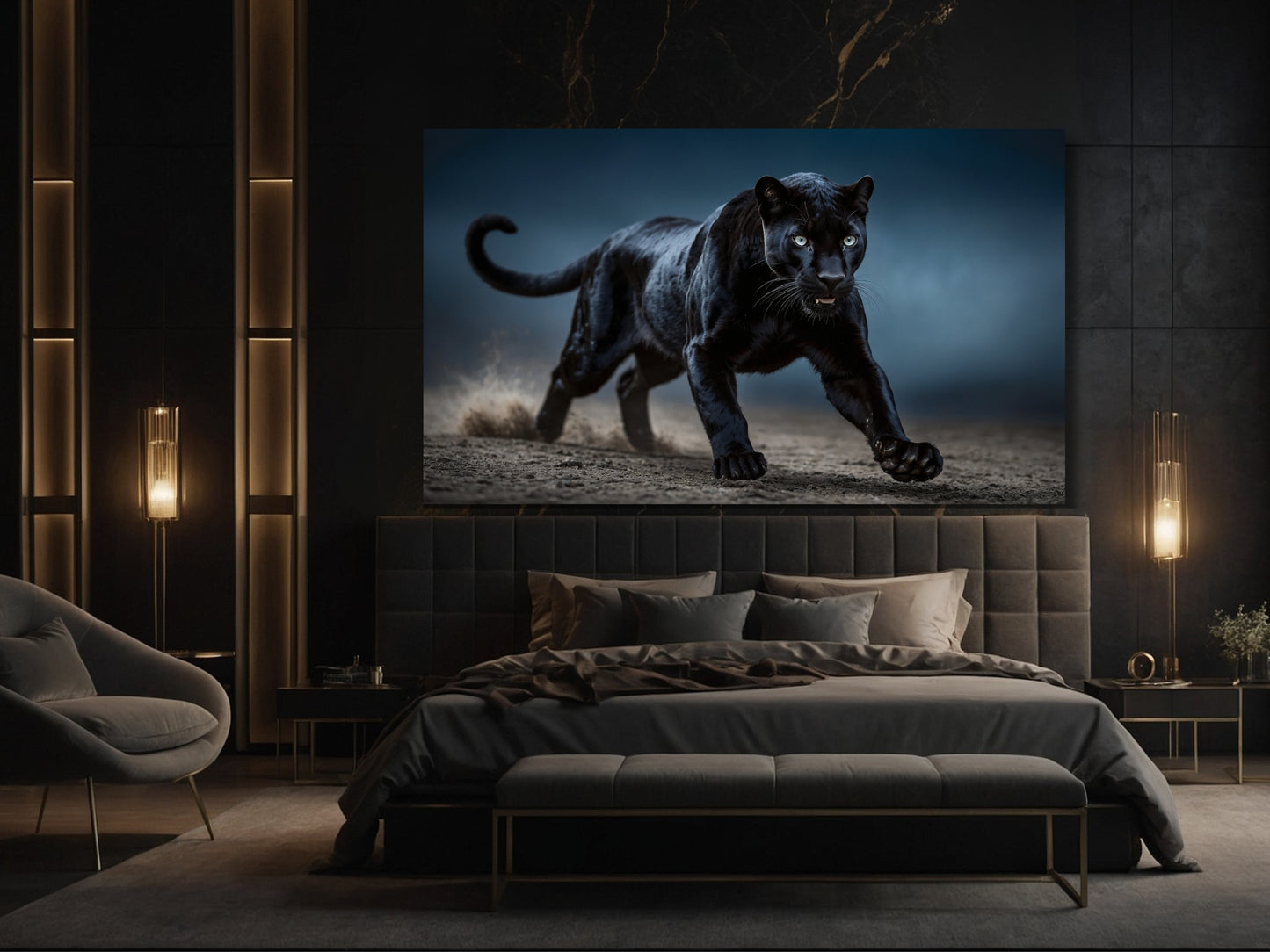 Schwarzer Panther in nächtlicher Bewegung als Wandbild im Querformat im Schlafzimmer über dem Bett – dynamische Tierdarstellung mit Tiefe