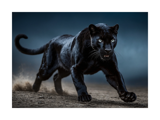 Freigestellter schwarzer Panther in Bewegung mit sichtbarer Muskelspannung und feiner Fellstruktur – dynamisches Tiermotiv mit klarer Silhouette
