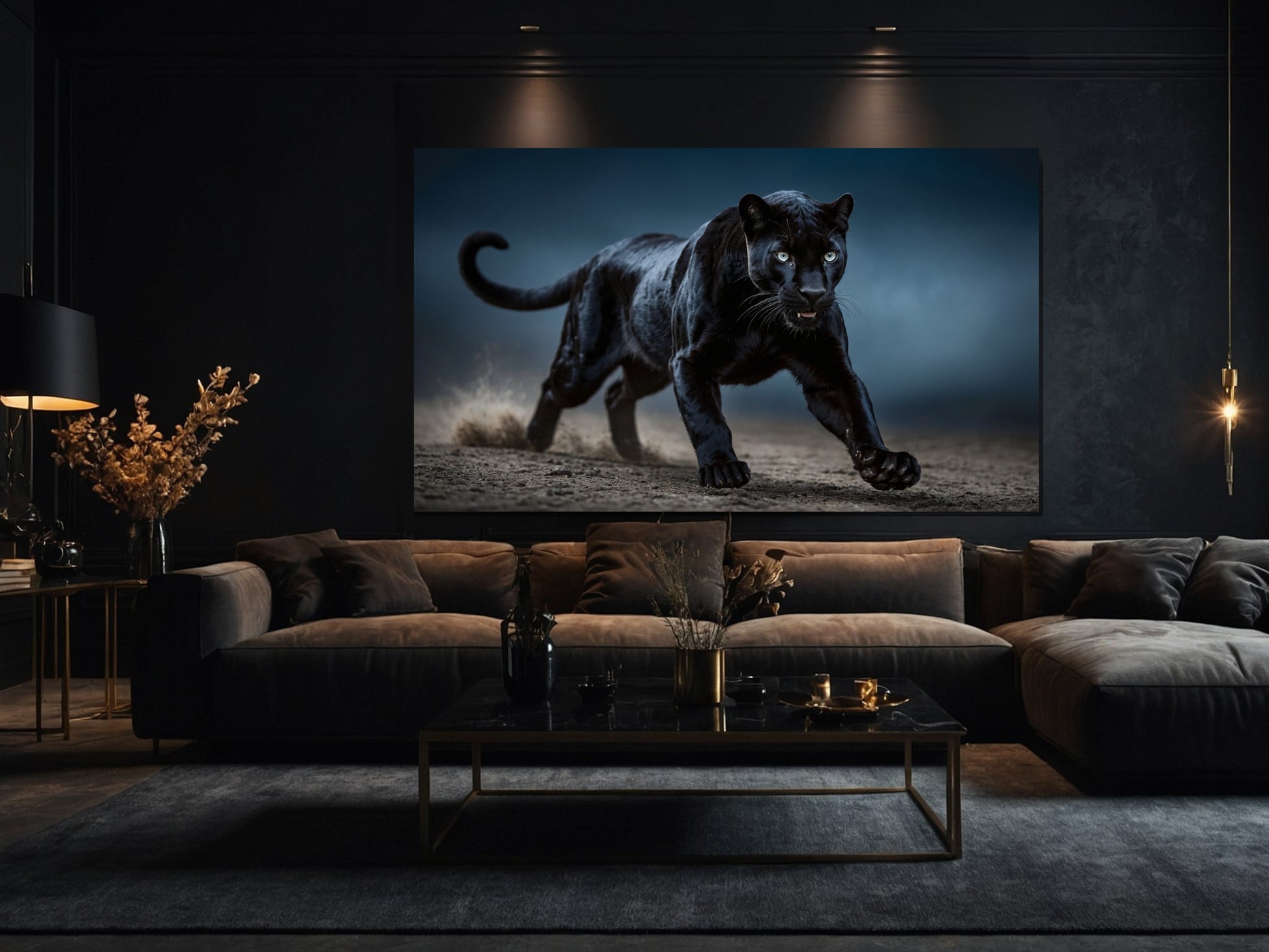 Dynamischer Panther in nächtlicher Bewegung als horizontales Wandbild im Wohnzimmer – kraftvolle Tierdarstellung mit Tiefe, Staubpartikeln und moderner Lichtstimmung