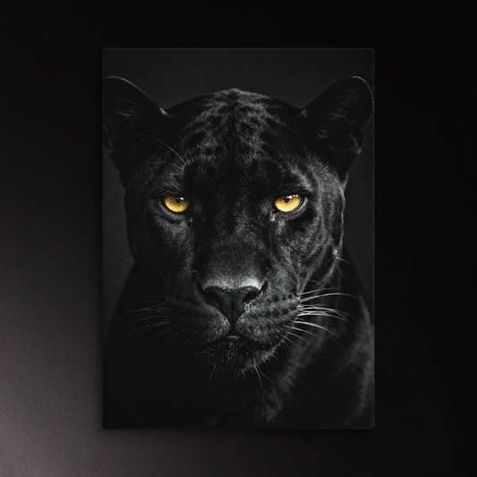 Schwarzer Panther frontal mit goldenen Augen auf dunklem Hintergrund als hochwertiges Leinwandmotiv