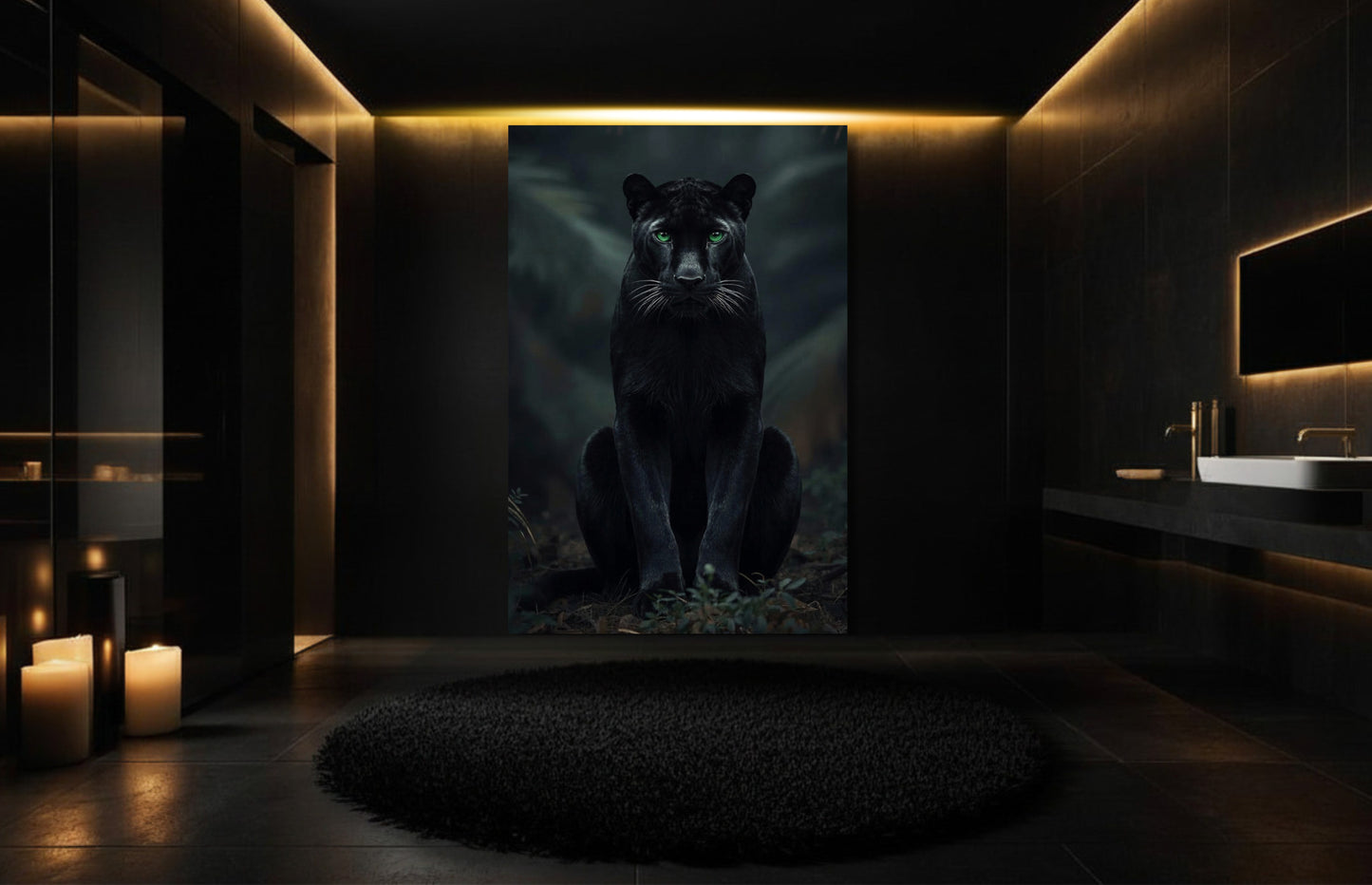 Panther mit grünen Augen Leinwand als große Wandkunst in luxuriösem Badezimmer mit dunkler Wand und warmer Lichtstimmung