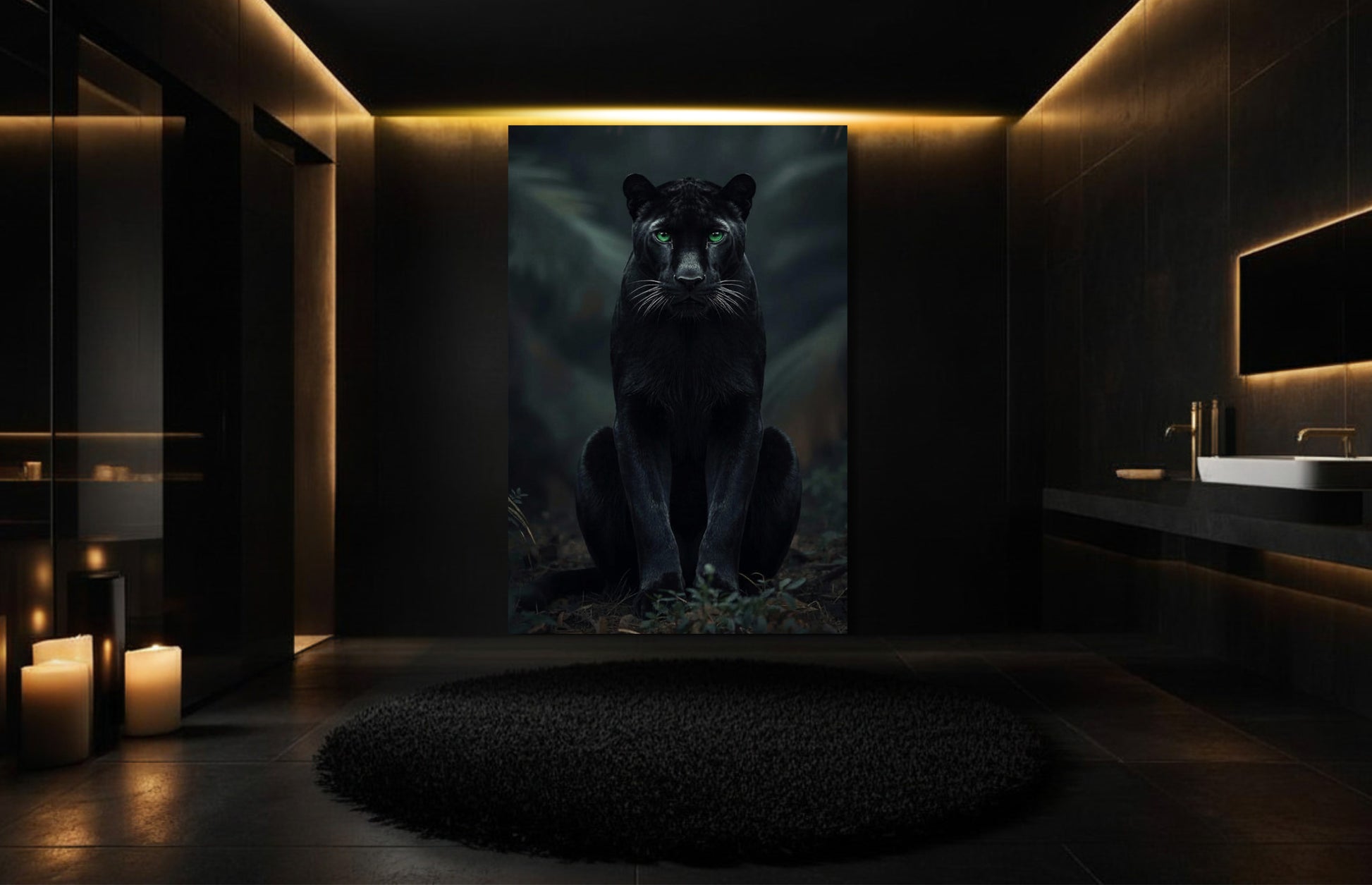 Panther mit grünen Augen Leinwand als große Wandkunst in luxuriösem Badezimmer mit dunkler Wand und warmer Lichtstimmung
