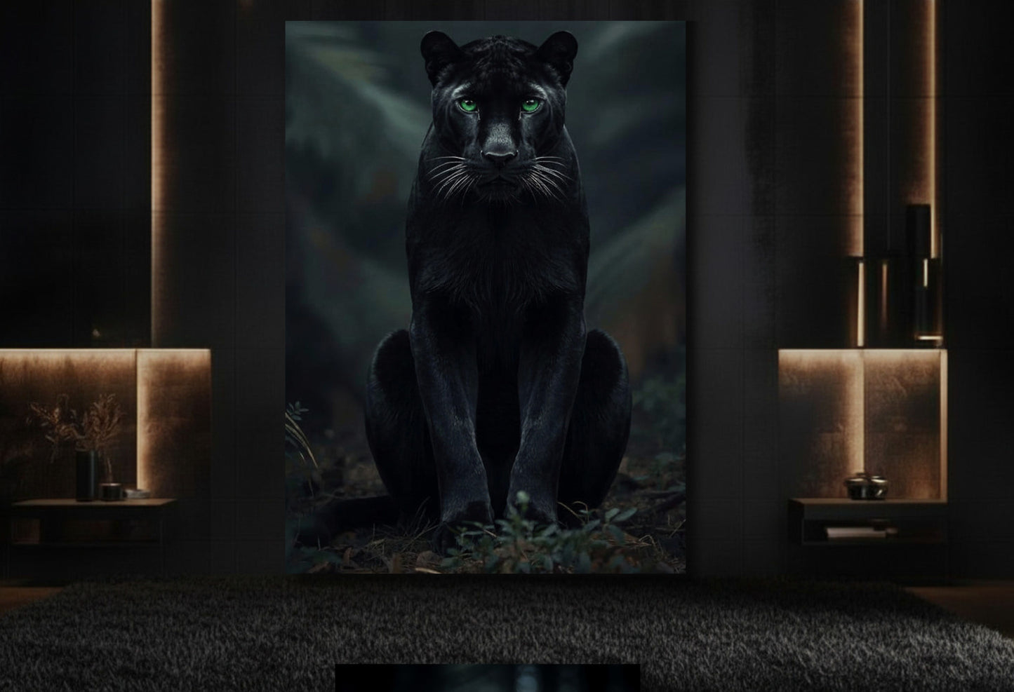Panther mit grünen Augen Leinwand als große Wandkunst in elegantem Loungebereich mit dunkler Wand, warmer Beleuchtung und Messingakzenten