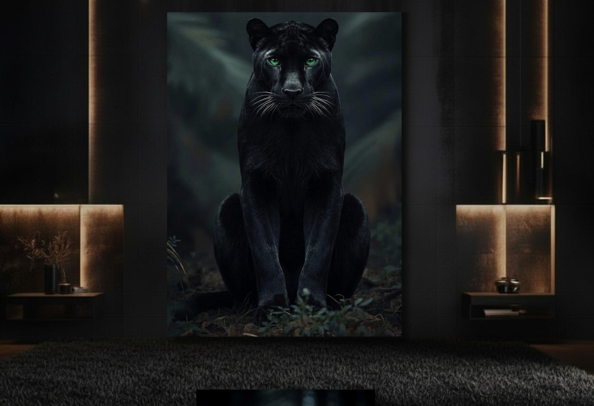 Panther mit grünen Augen Leinwand als große Wandkunst in elegantem Loungebereich mit dunkler Wand, warmer Beleuchtung und Messingakzenten