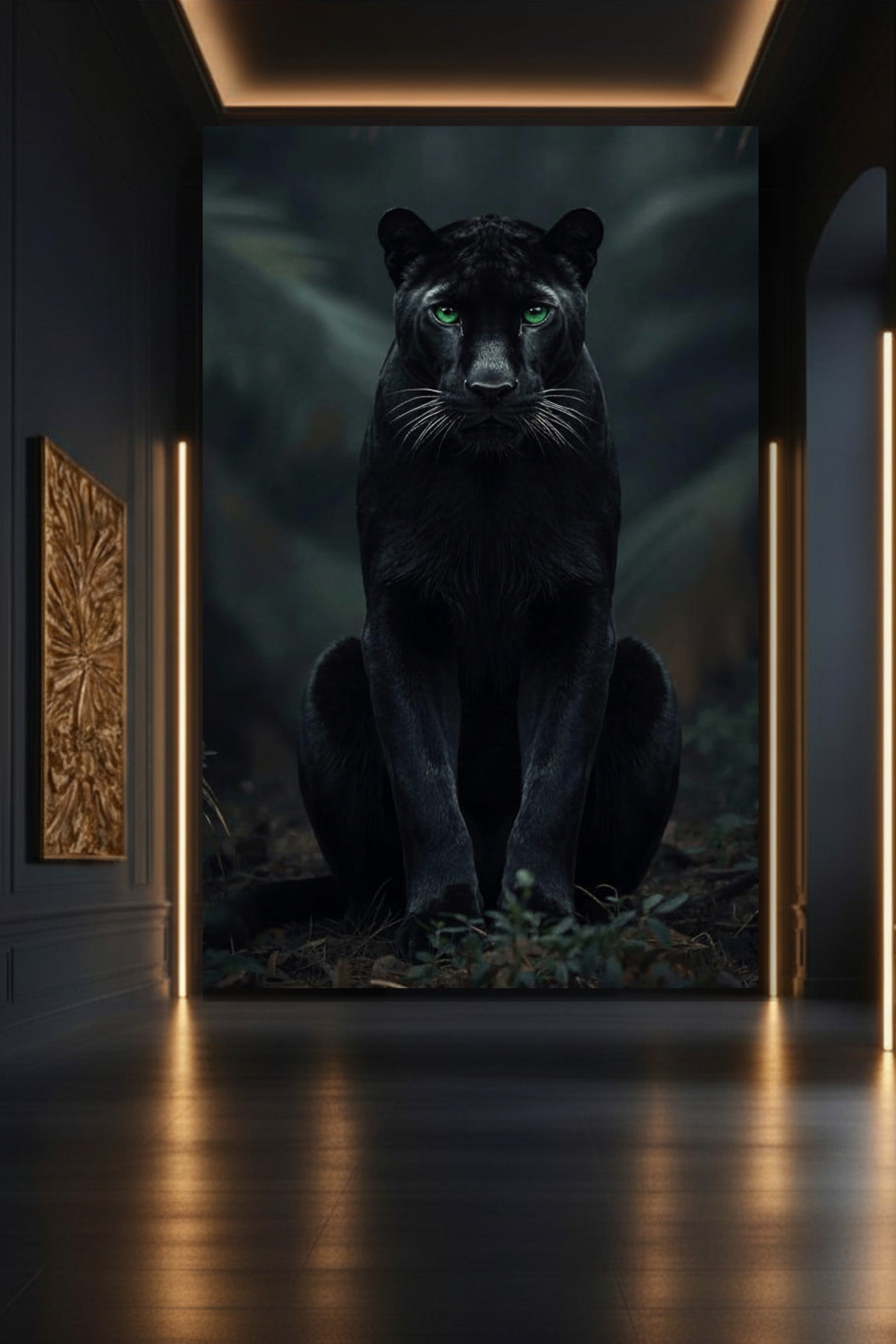 Schwarzer Panther mit grünen Augen als Leinwandbild in minimalistischem Galerie-Setting mit dunkler Wand und goldenen Lichtakzenten – intensive Tierkunst mit klarer Bildwirkung