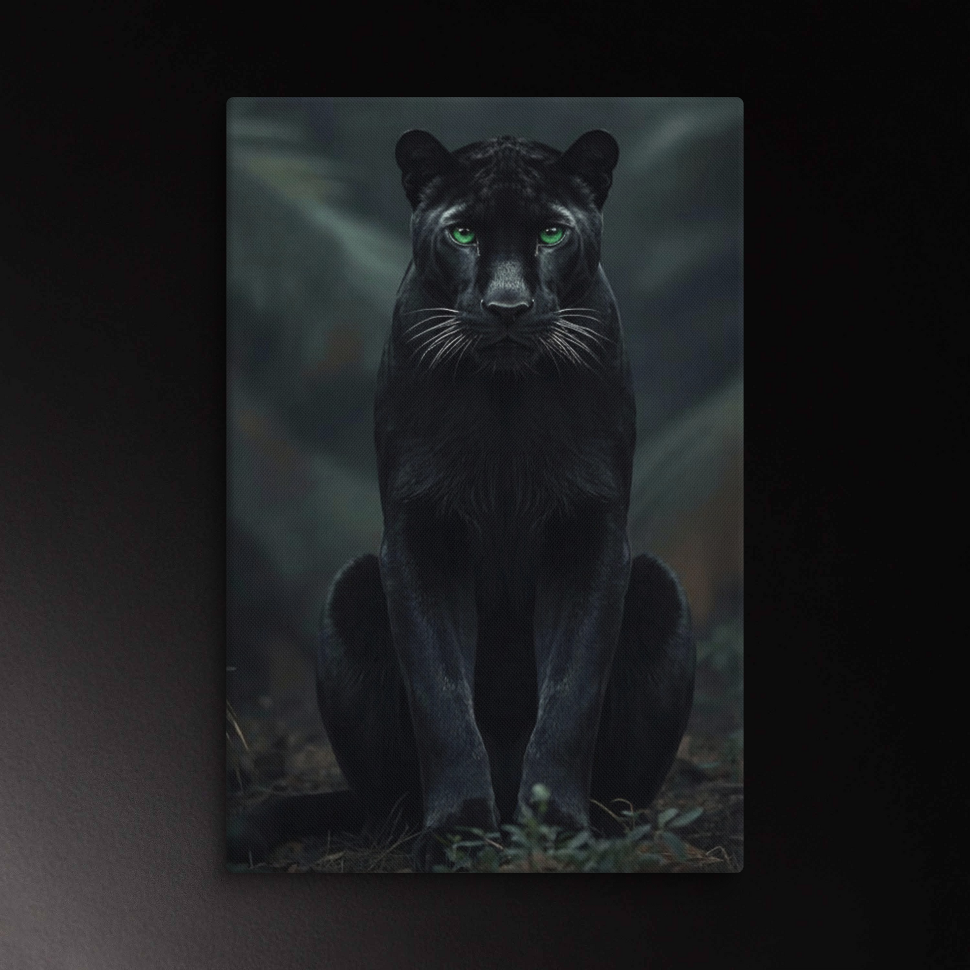 Schwarzer Panther mit leuchtend grünen Augen in ruhiger Frontalansicht als hochwertige Leinwand Wandkunst