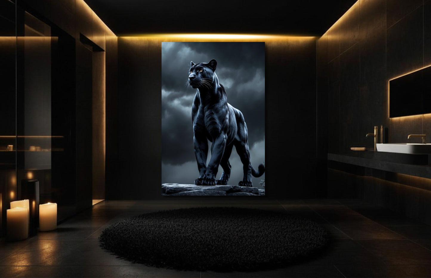 Schwarzer Panther Leinwand in luxuriösem Badezimmer mit dunkler Architektur und warmgoldener Beleuchtung