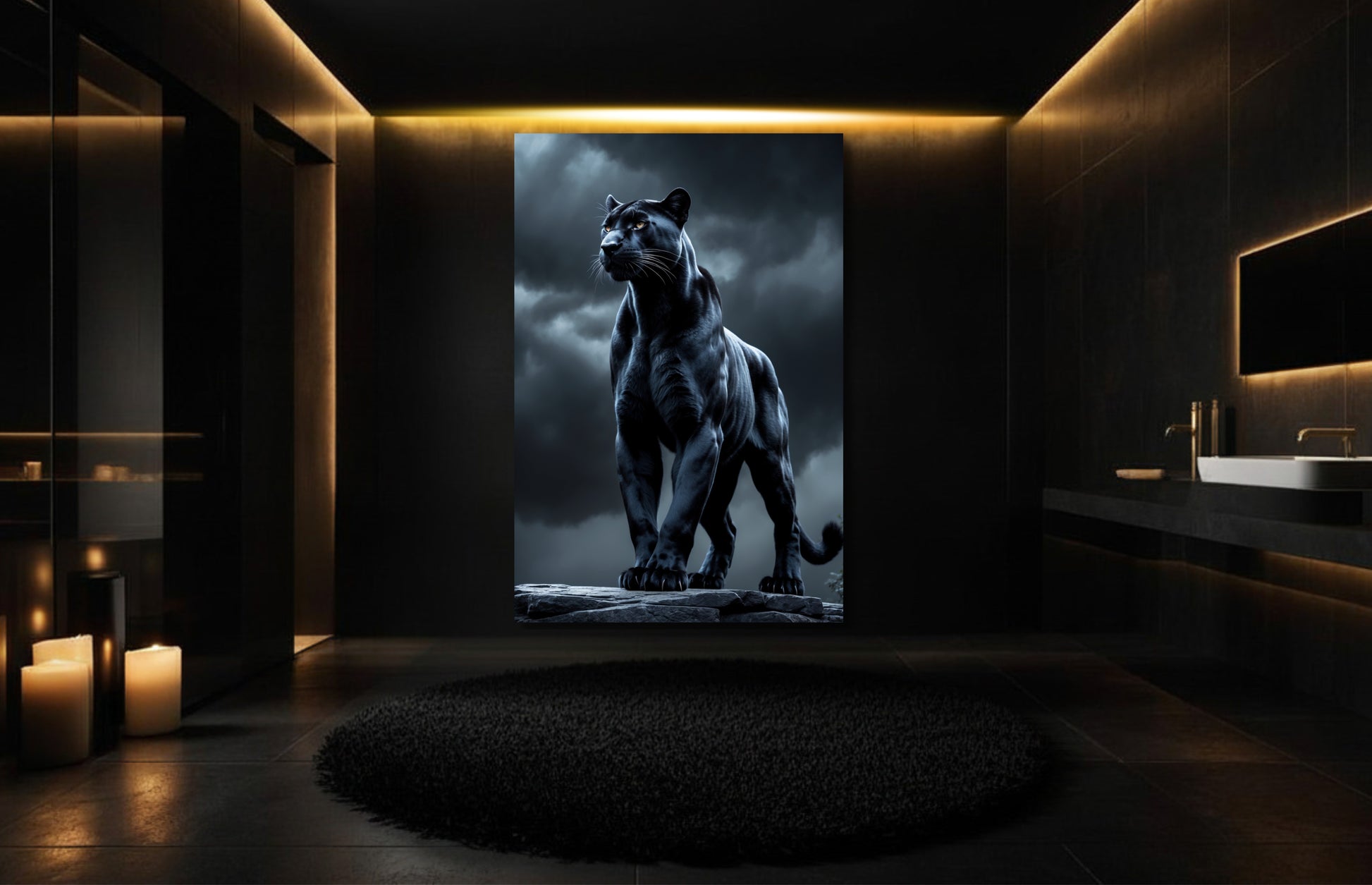 Schwarzer Panther Leinwand in luxuriösem Badezimmer mit dunkler Architektur und warmgoldener Beleuchtung