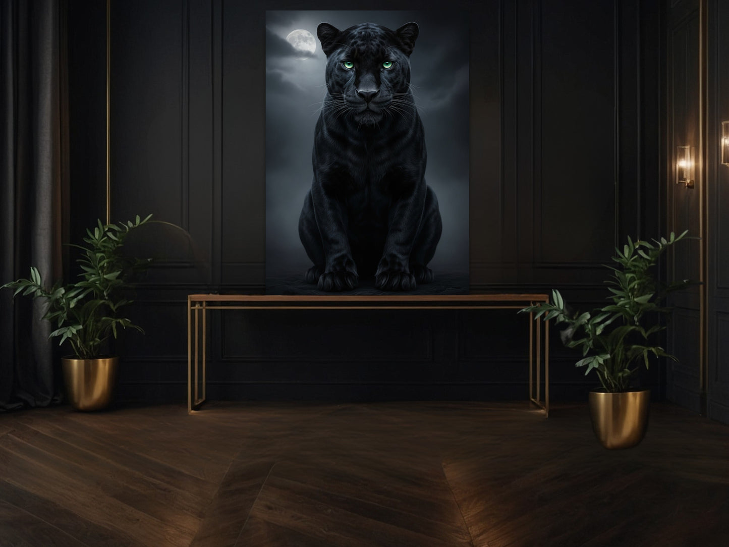 Schwarzer Panther mit grünen Augen im Mondlicht als modernes Poster im Flur, 70x100 cm mit klarer Linienführung