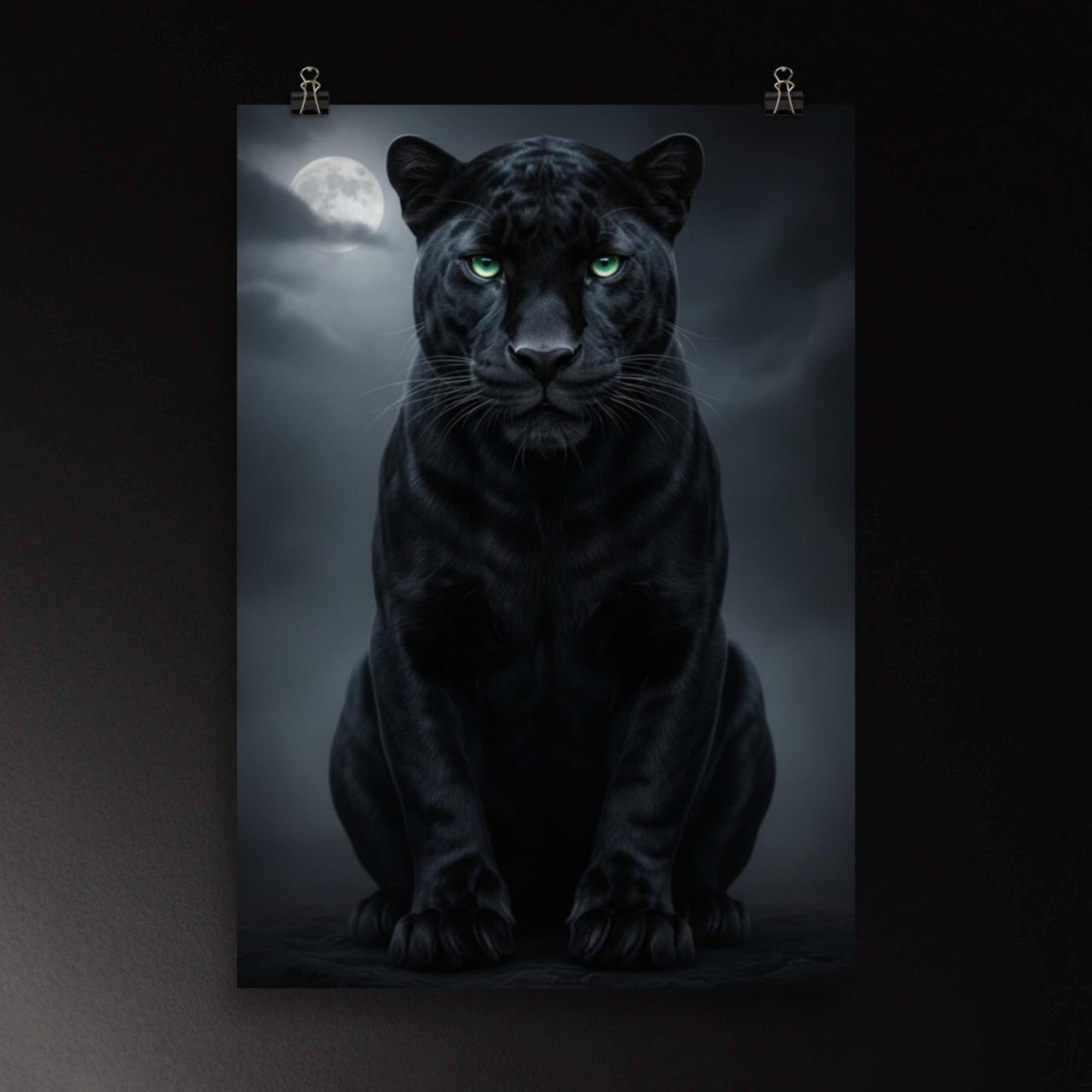 Schwarzer Panther im Mondlicht mit leuchtend grünen Augen als Poster Wandkunst im Format 70x100 cm mit intensiver Ausstrahlung