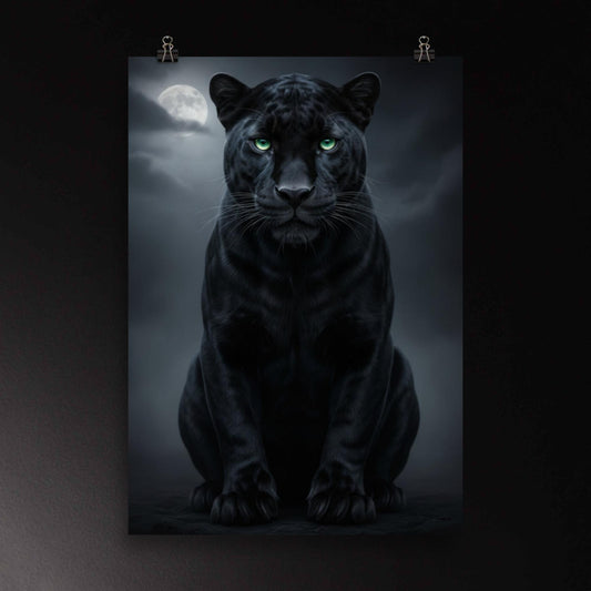 Schwarzer Panther im Mondlicht mit leuchtend grünen Augen als Poster Wandkunst im Format 70x100 cm mit intensiver Ausstrahlung