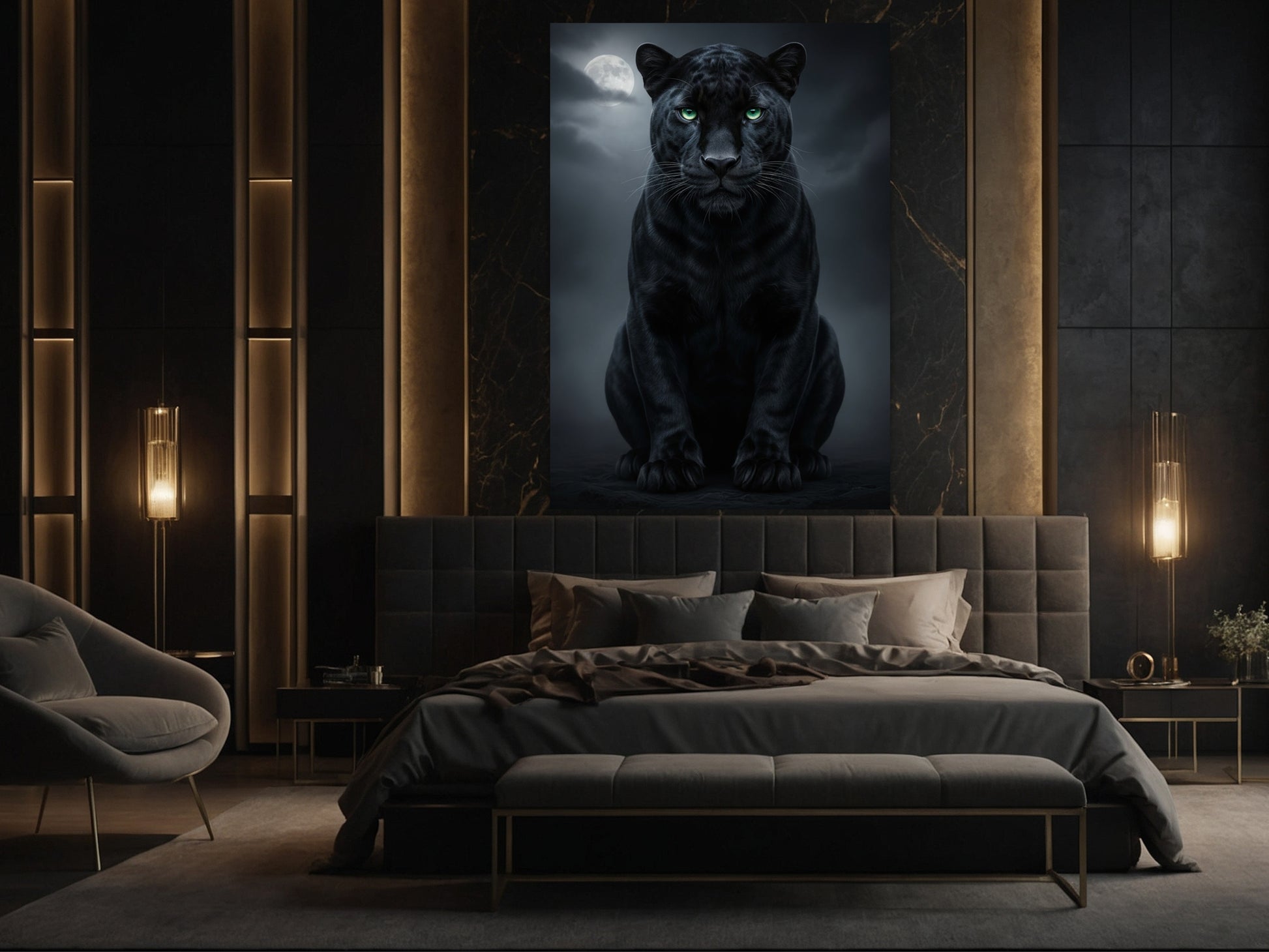 Panther mit grünen Augen im Mondlicht als Poster über dem Bett im Format 70x100 cm mit eleganter und intensiver Wirkung