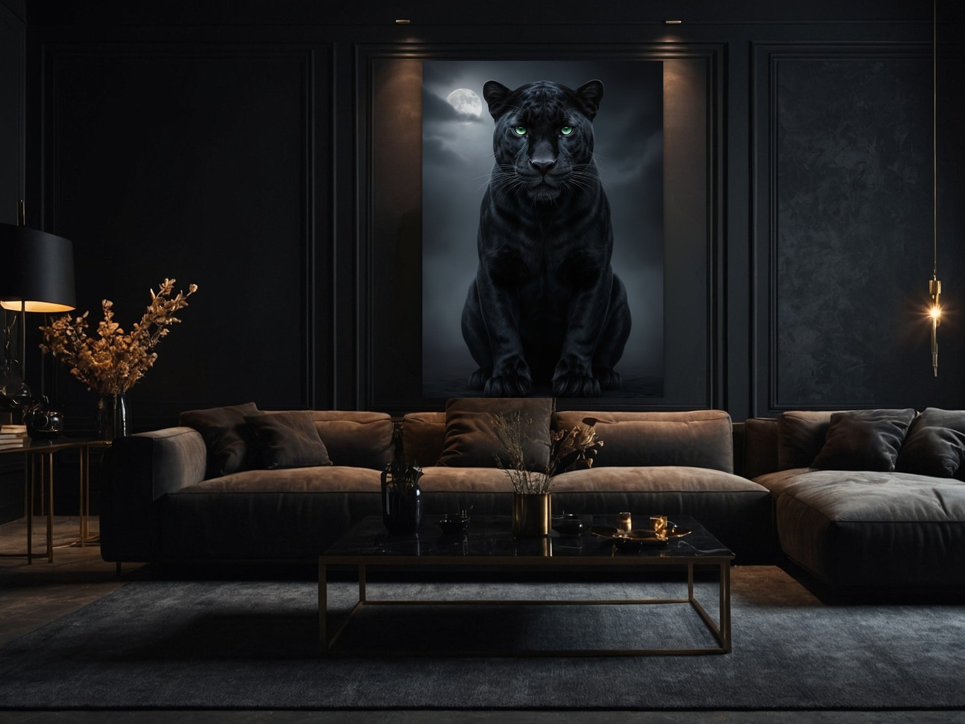 Schwarzer Panther mit grünen Augen im Mondlicht als Poster Wandkunst im Wohnzimmer, 70x100 cm mit ruhiger und mystischer Atmosphäre