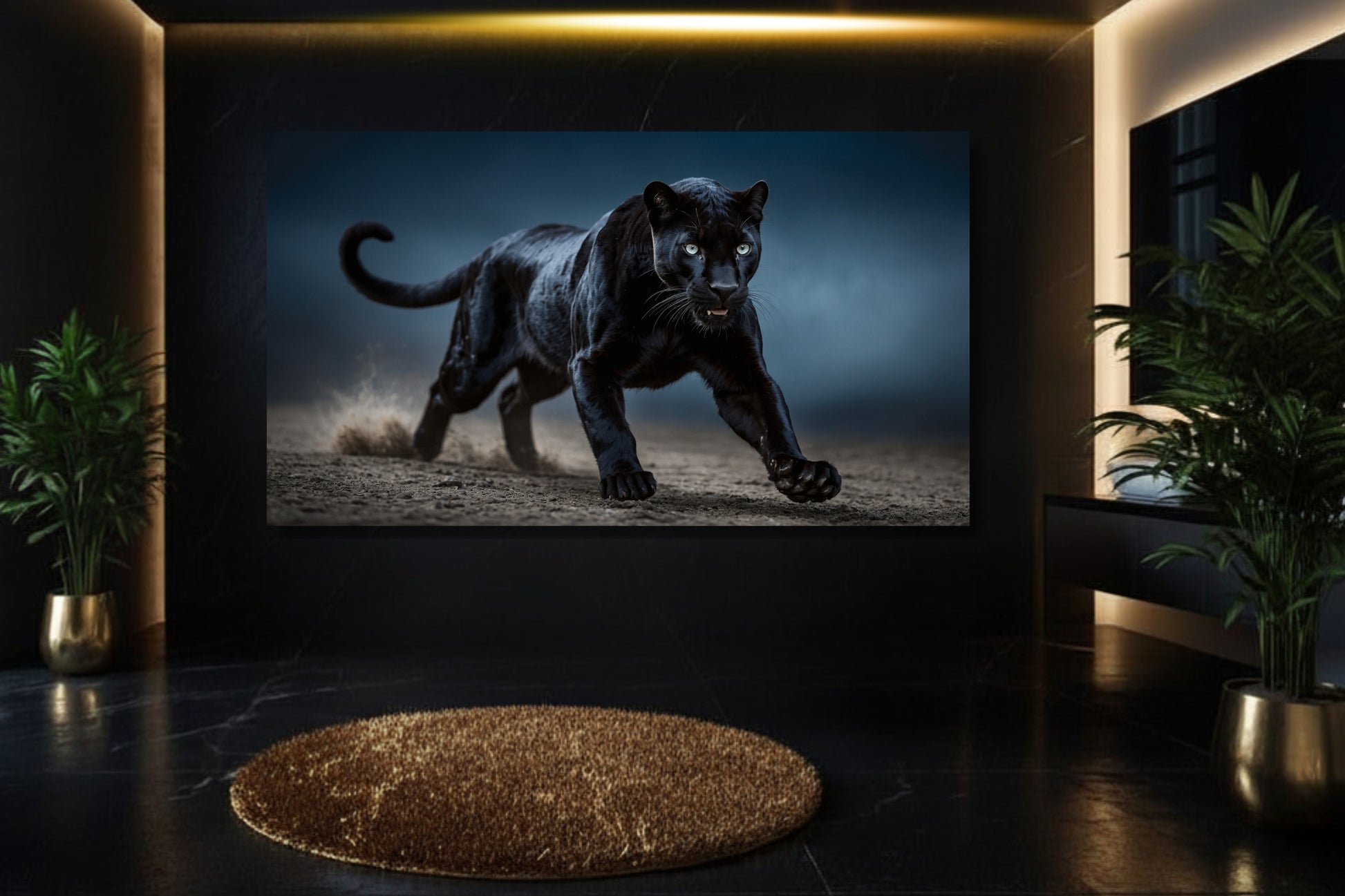 Schwarzer Panther in nächtlicher Bewegung als Poster im Querformat in stilvollem Badezimmer an dunkler Wand mit Goldakzenten – dynamische Tierdarstellung mit Tiefe