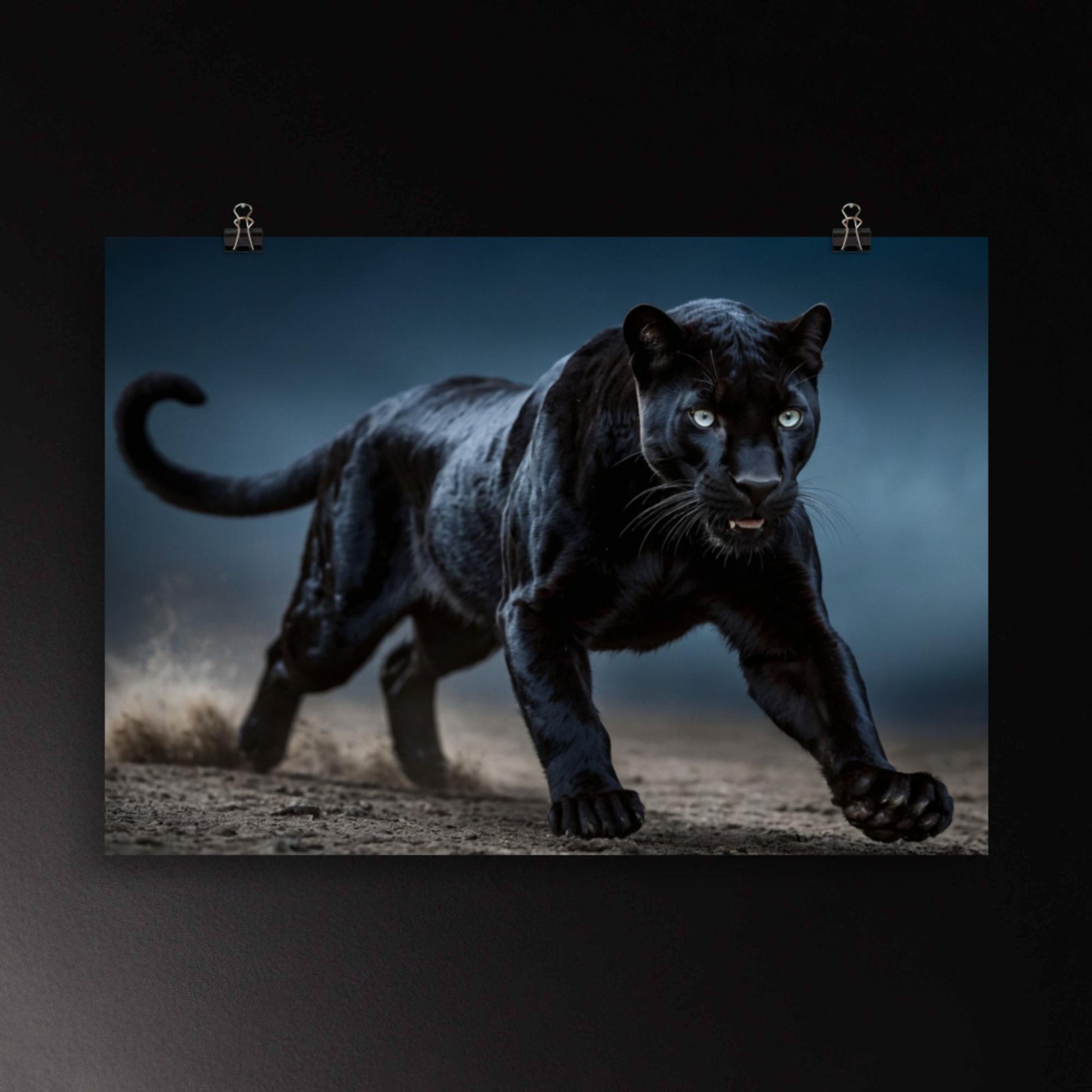 Schwarzer Panther in dynamischer Bewegung bei Nacht – Wandkunst mit staubaufwirbelnden Schritten, intensiver Körperspannung und klarer Lichtführung 
