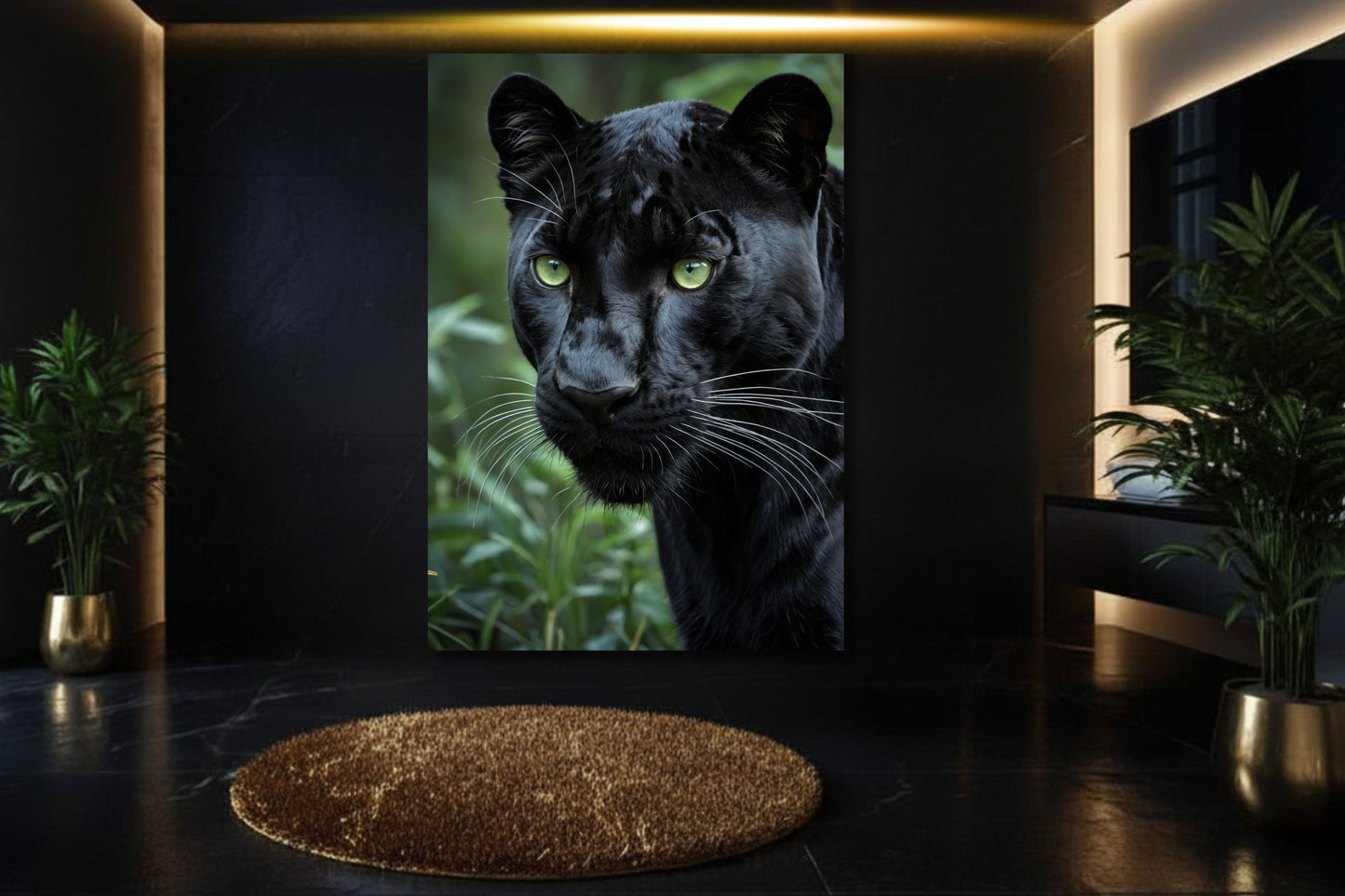 Schwarzer Panther im Seitenprofil als Poster in luxuriösem Badezimmer mit dunkler Wand, indirekter Beleuchtung und Messingakzenten