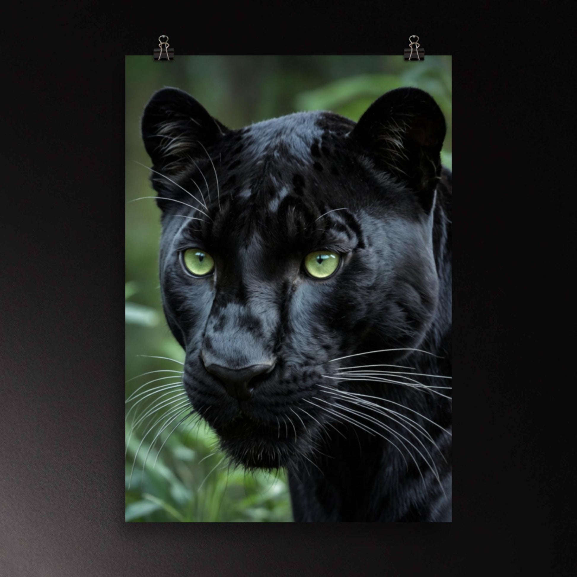 Schwarzer Panther im Seitenprofil mit fokussiertem Blick – ausdrucksstarke Tierkunst als Poster 