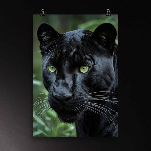 Schwarzer Panther im Seitenprofil mit fokussiertem Blick – ausdrucksstarke Tierkunst als Poster 
