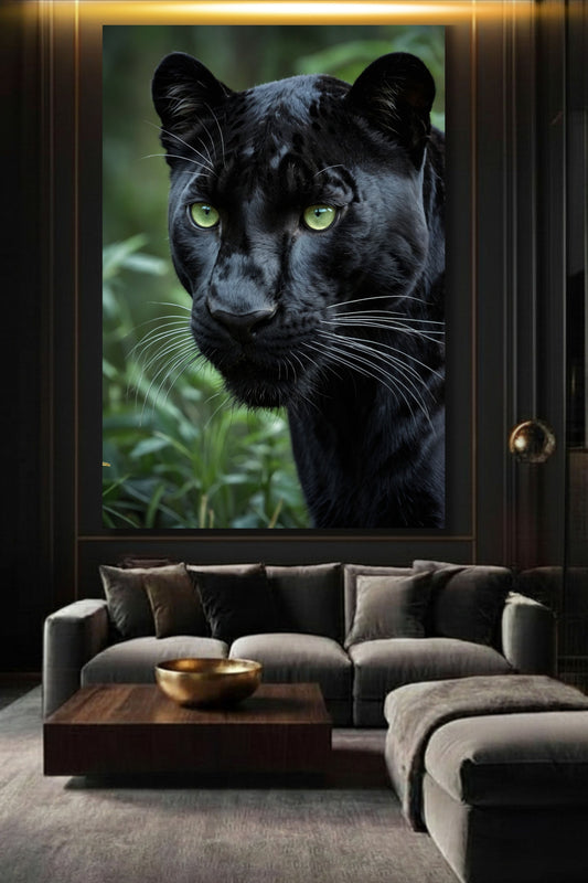 Schwarzer Panther im Seitenprofil als Poster über Sofa in stilvollem Wohnzimmer mit dunkler Einrichtung