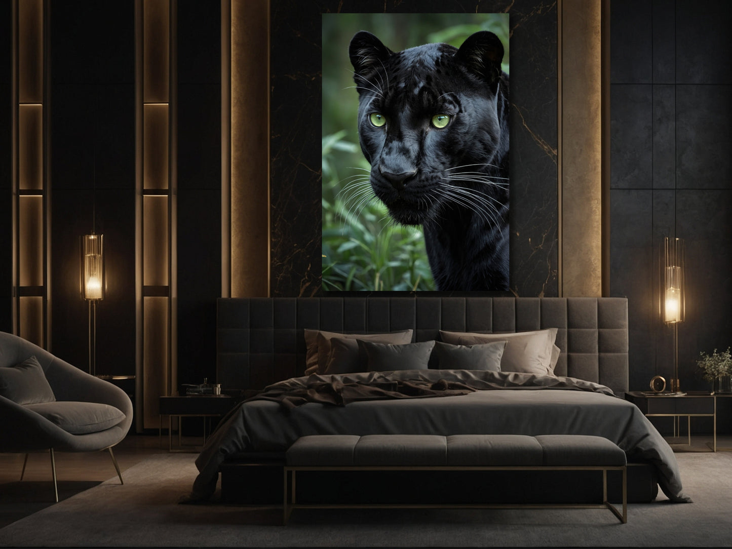 Schwarzer Panther Poster über einem Bett in elegantem Schlafzimmer mit Messingakzenten