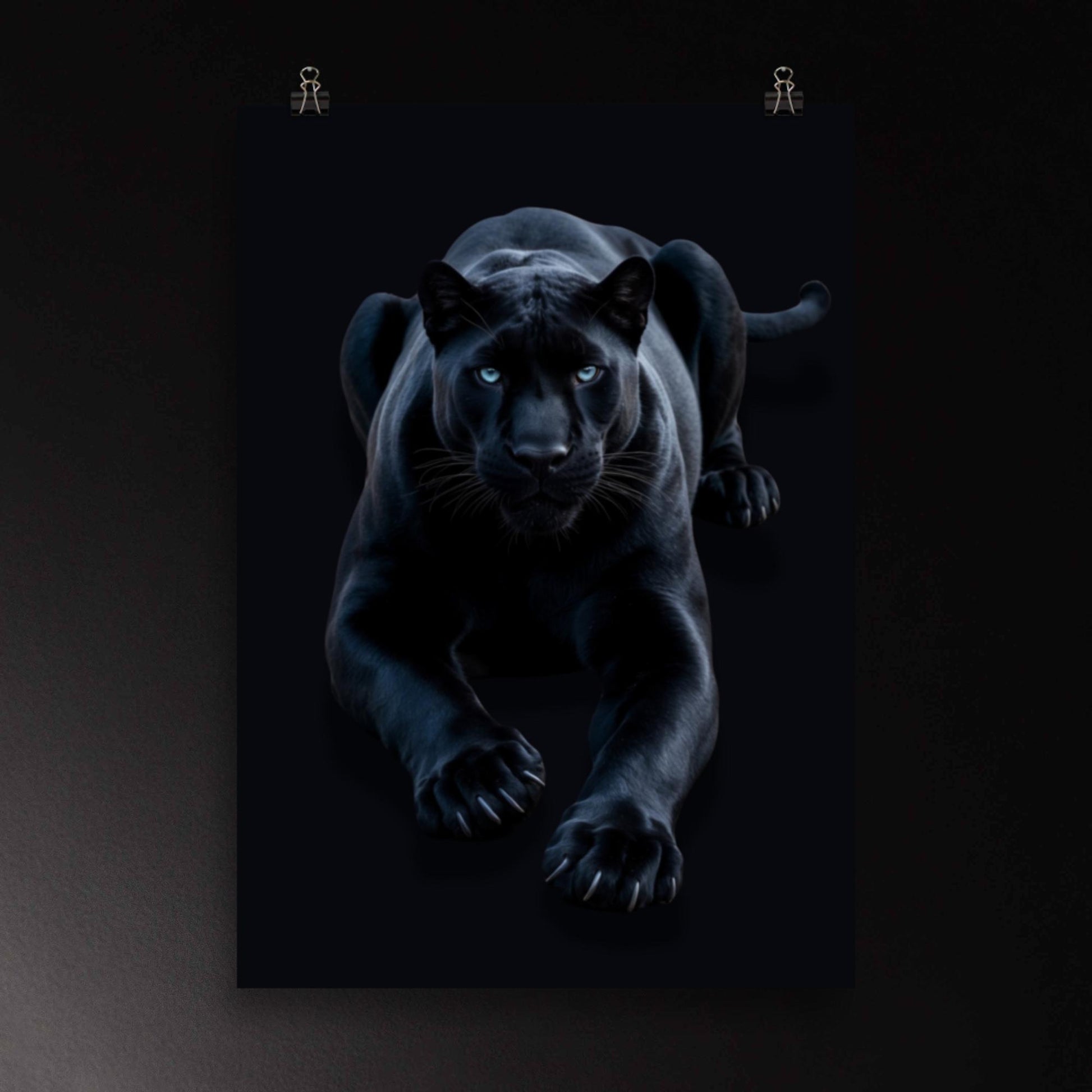 Schwarzer Panther in ruhiger Spannung mit fokussiertem Blick als Poster Wandkunst im Format 70x100 cm
