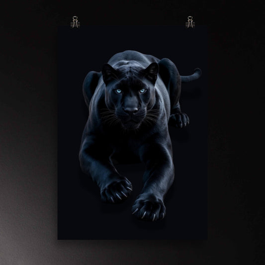 Schwarzer Panther in ruhiger Spannung mit fokussiertem Blick als Poster Wandkunst im Format 70x100 cm