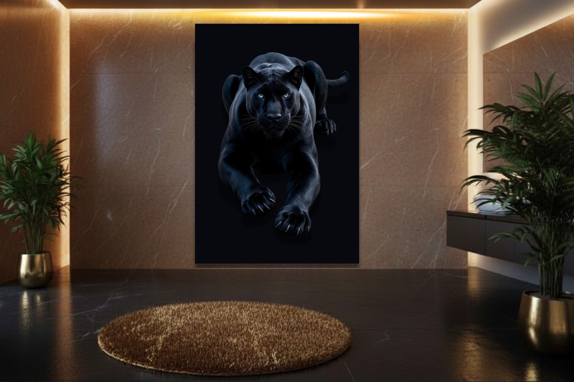 Schwarzer Panther als Poster Wandkunst in stilvollem Badezimmer mit Goldakzenten 