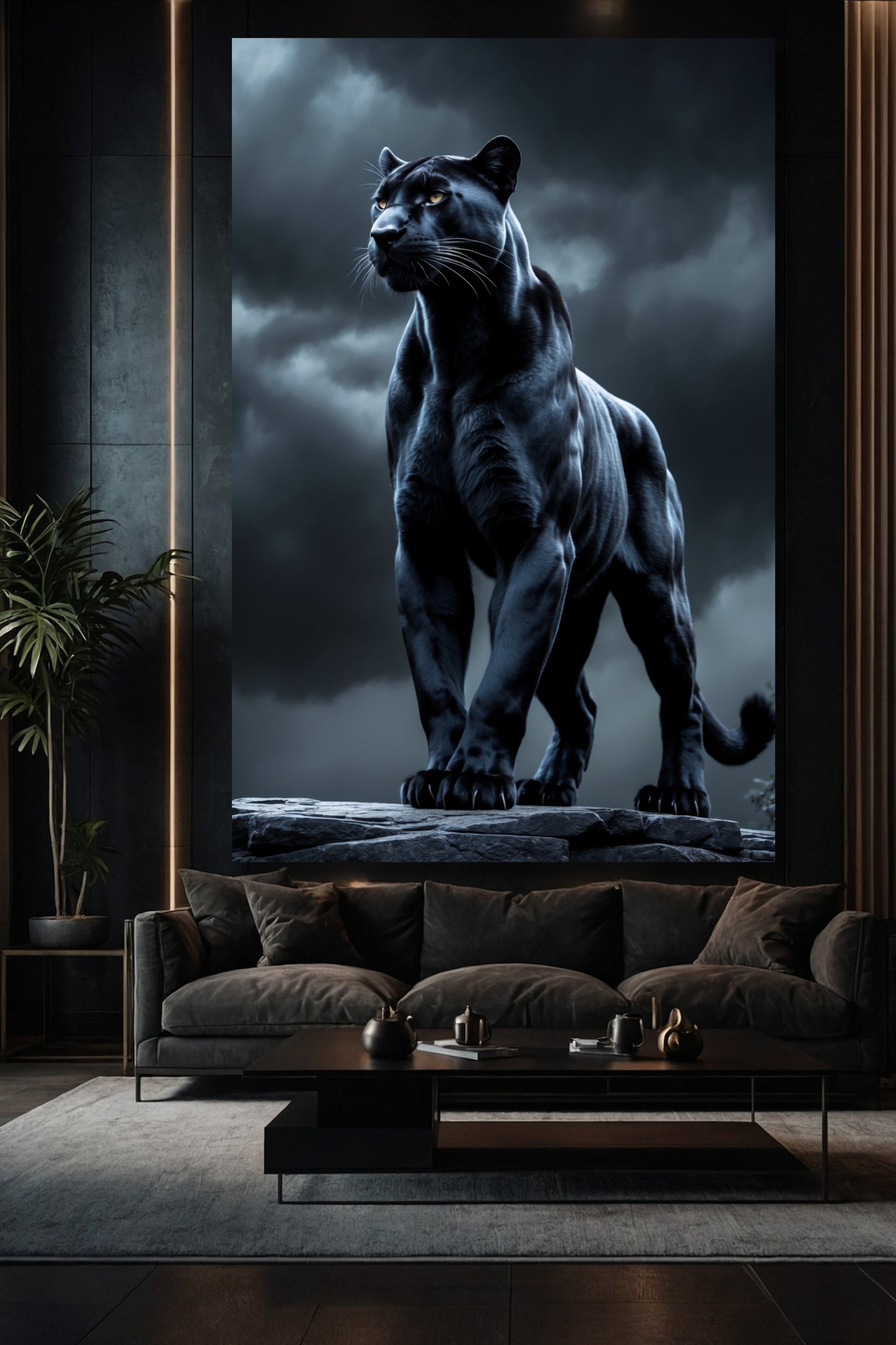 Schwarzer Panther Wandkunst als großformatige Leinwand über Sofa in elegantem Wohnzimmer