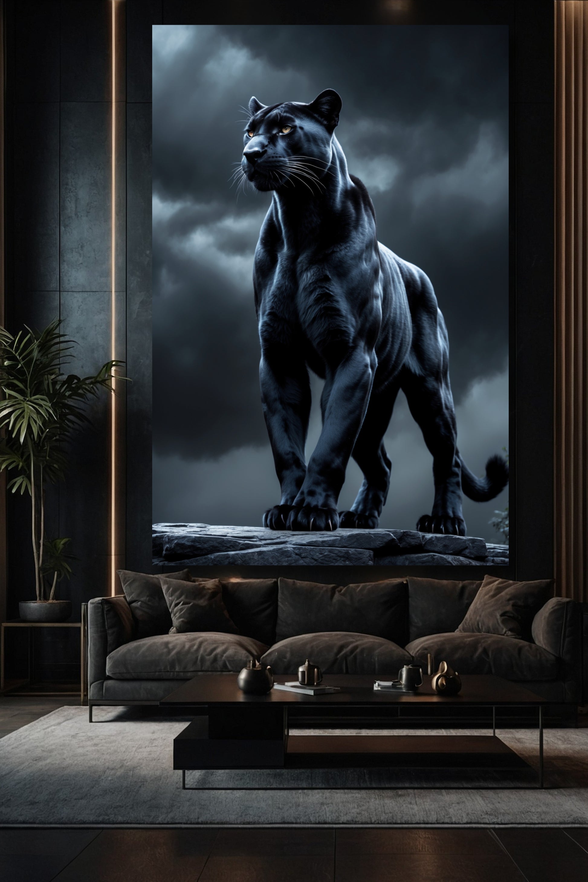 Schwarzer Panther Wandkunst als großformatige Leinwand über Sofa in elegantem Wohnzimmer