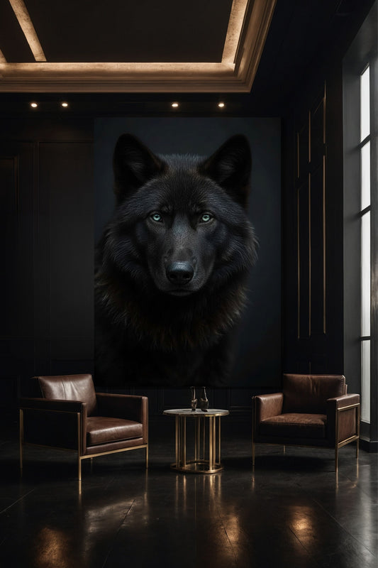 Schwarzer Wolf Wandkunst Leinwand 40x60 Zoll in moderner Galerie mit minimalistischer Einrichtung und gezielter Beleuchtung