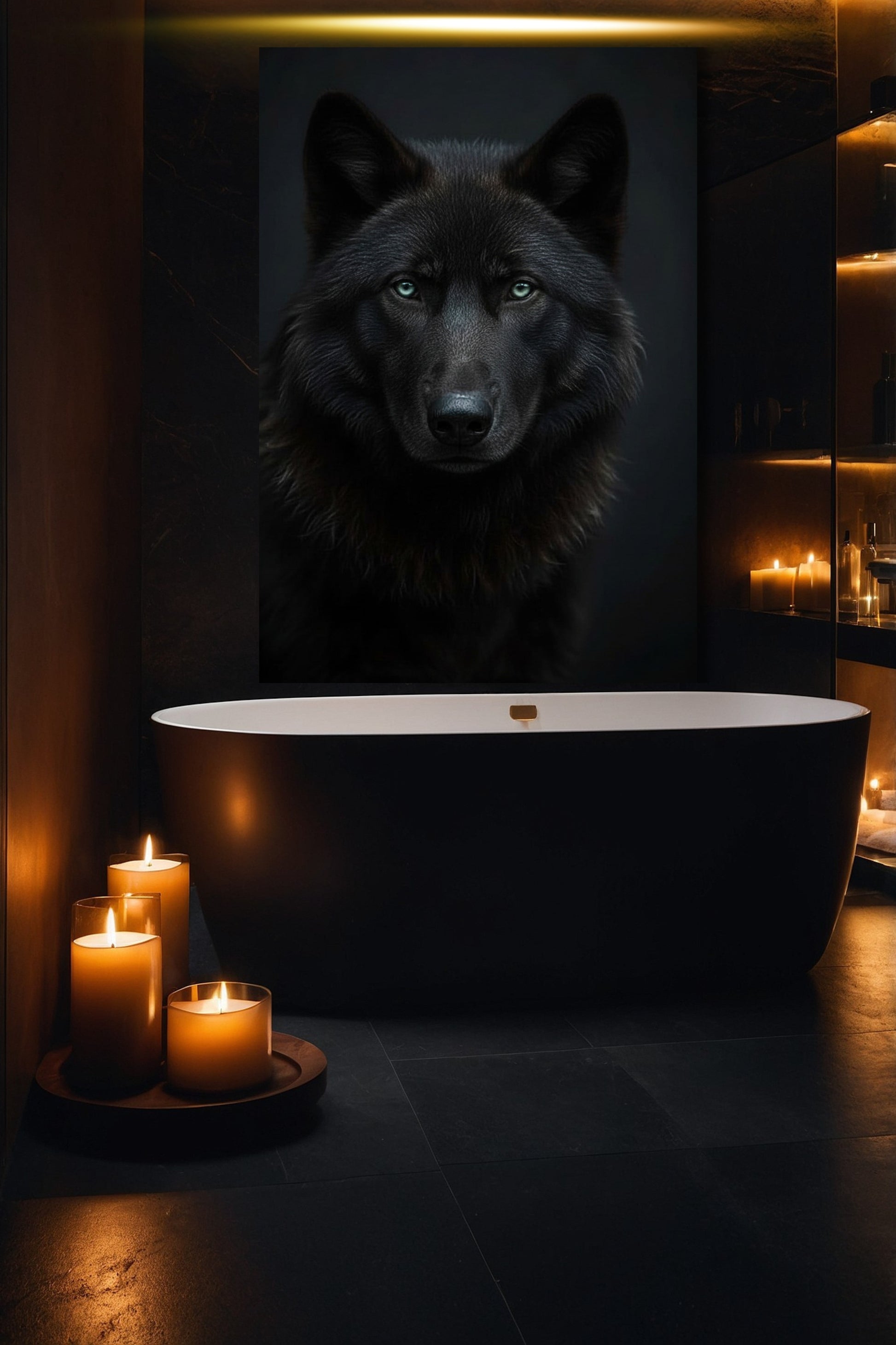 Schwarzer Wolf Leinwand als elegante Wandkunst, stilvolle Atmosphäre in luxuriösem Badezimmer 