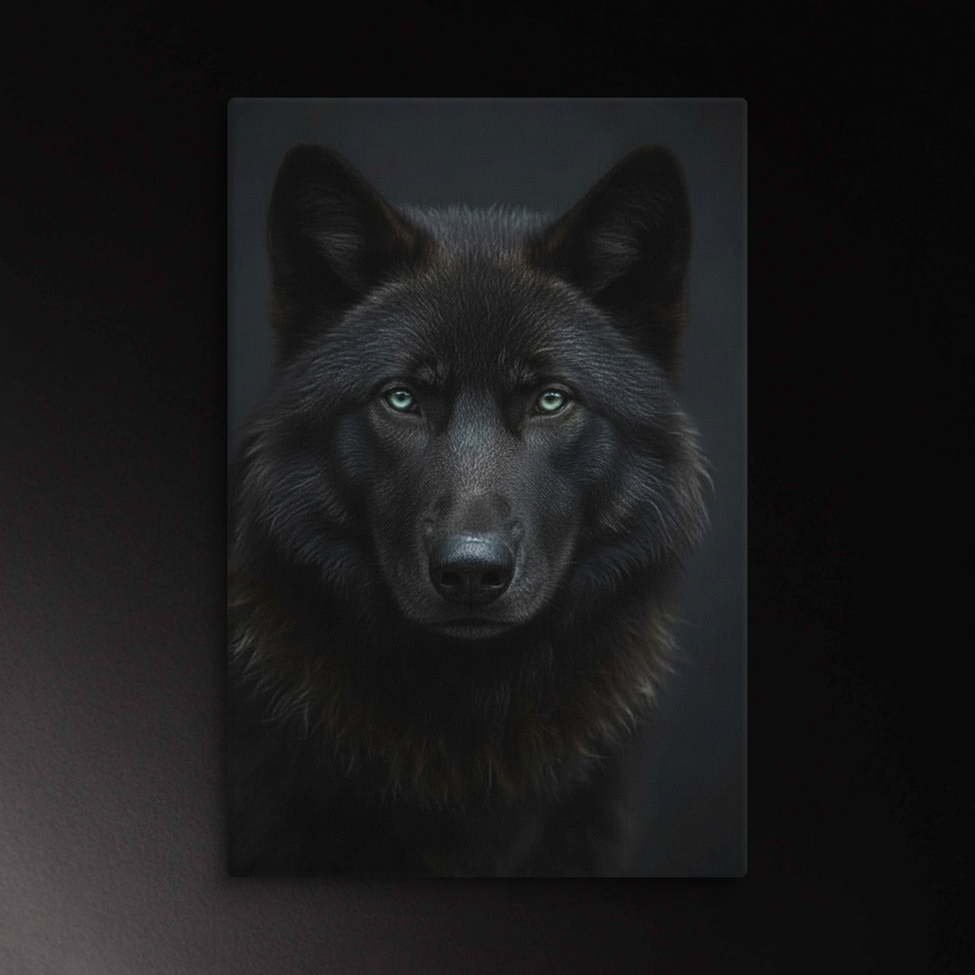 Schwarzer Wolf Leinwand mit intensivem Blick und dunklem Hintergrund als ausdrucksstarke Wandkunst