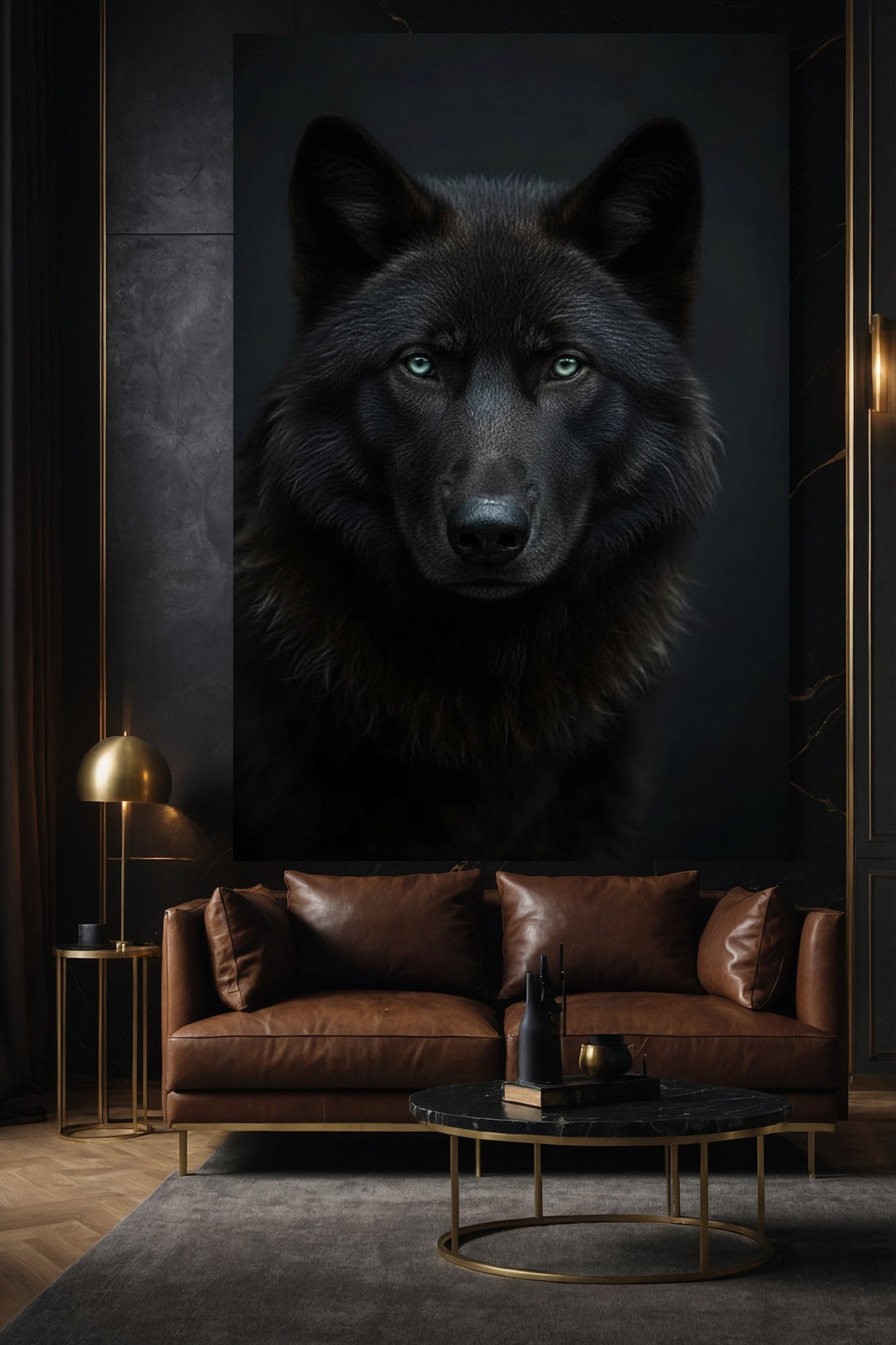 Schwarzer Wolf Wandkunst Leinwand im modernen Wohnzimmer über braunem Ledersofa mit dunkler Wand und luxuriöser Atmosphäre