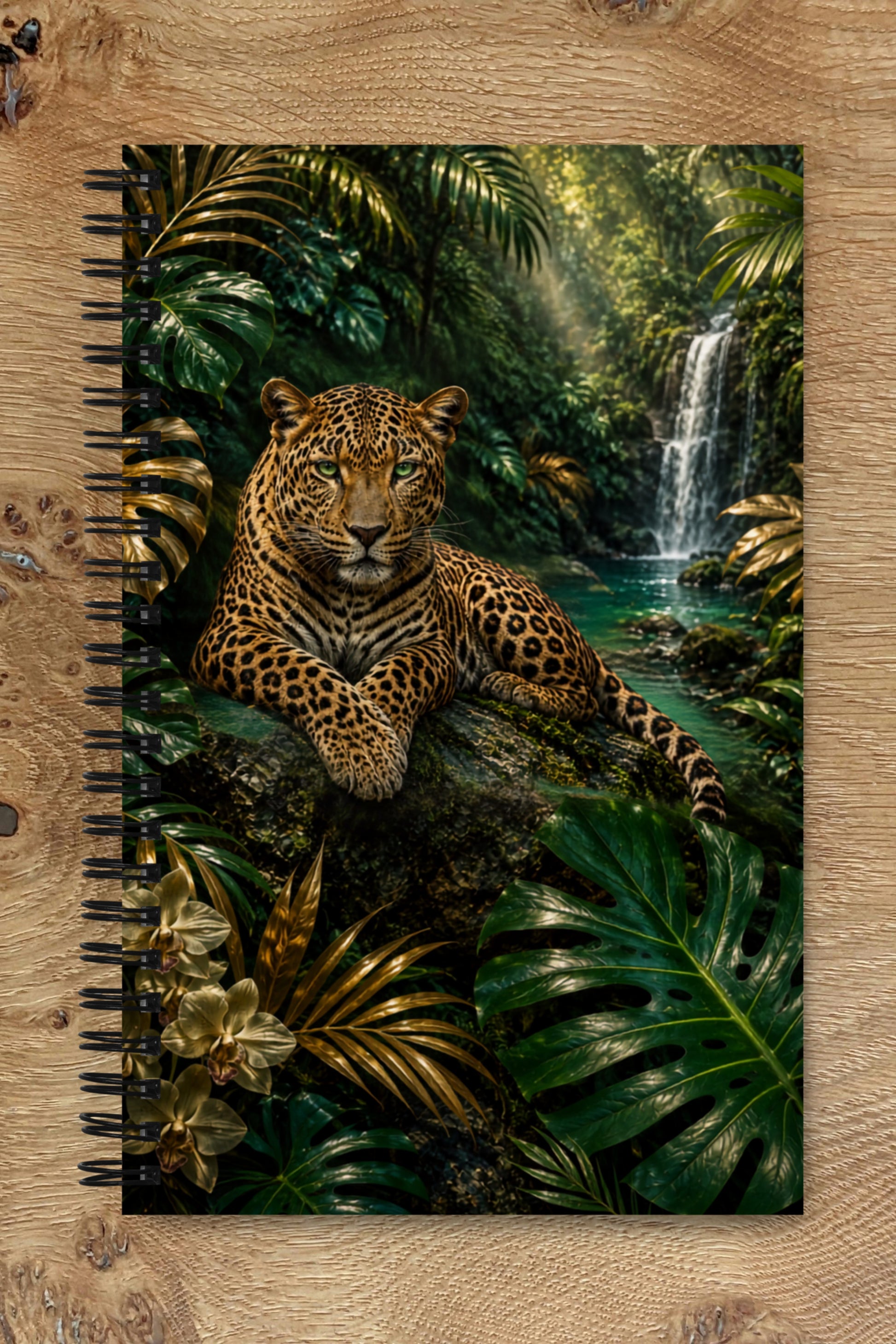 Spiralnotizblock mit Leopard am Wasserfall im Regenwald auf der Vorderseite, umgeben von üppiger tropischer Vegetation und warmem Licht.