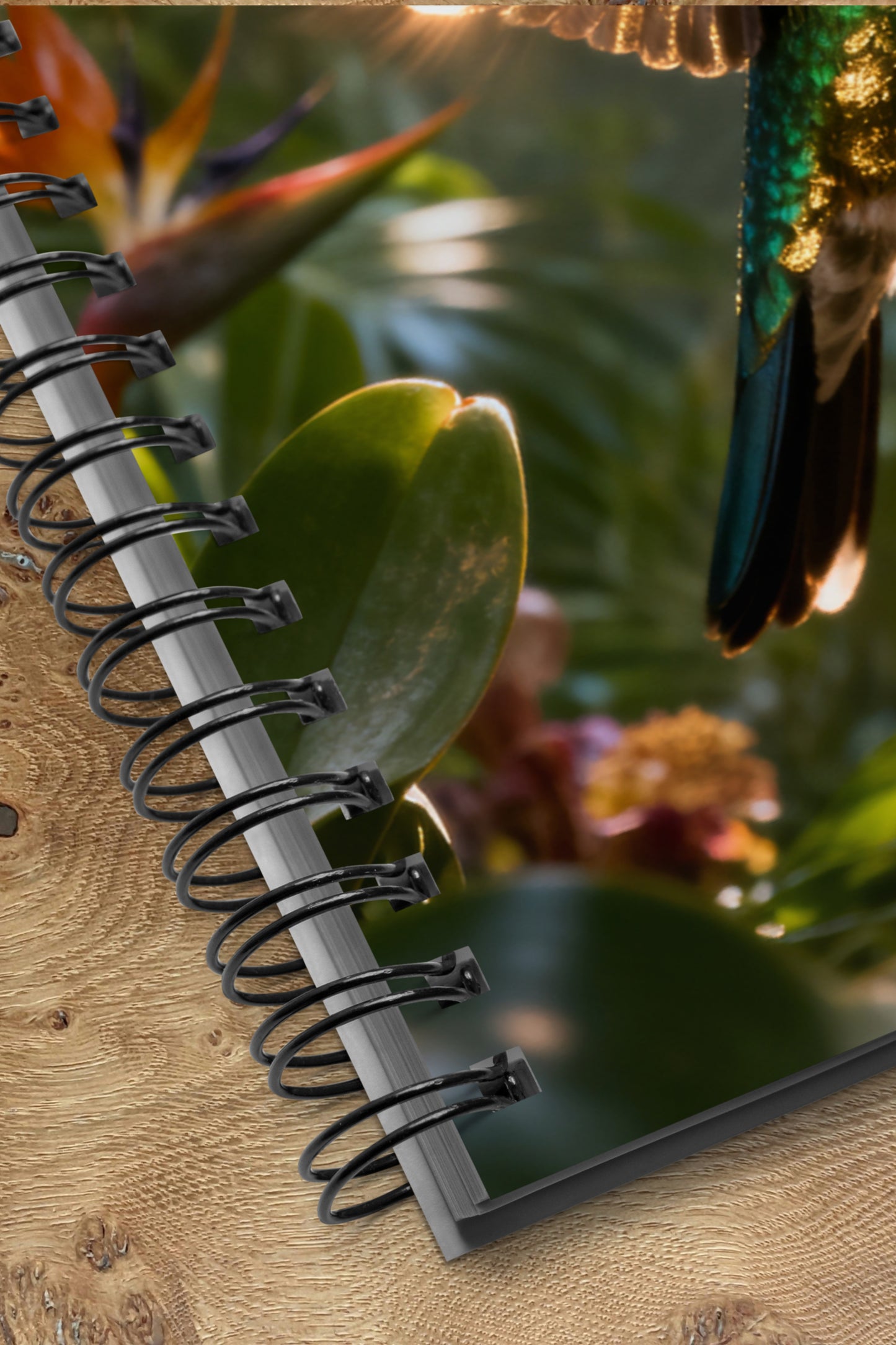 Spiralnotizbuch mit schillerndem Kolibri im Regenwald als Detailaufnahme der hochwertigen Spiralbindung und des brillanten Drucks.