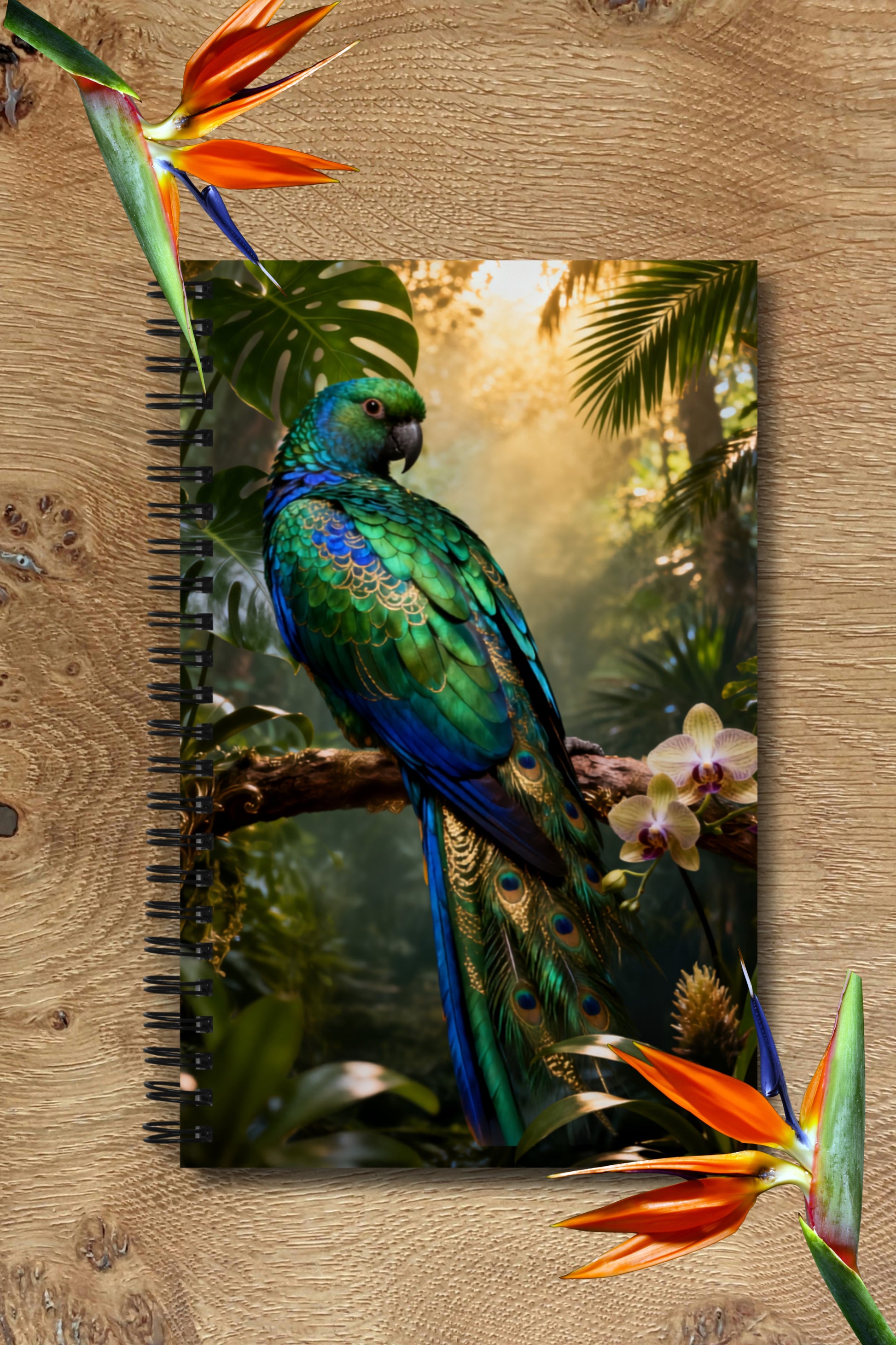 Spiralnotizbuch mit schillernd exotischem Vogel im tropischen Regenwald, dekorativ arrangiert mit leuchtenden Paradiesvogelblumen auf einer Holzoberfläche.