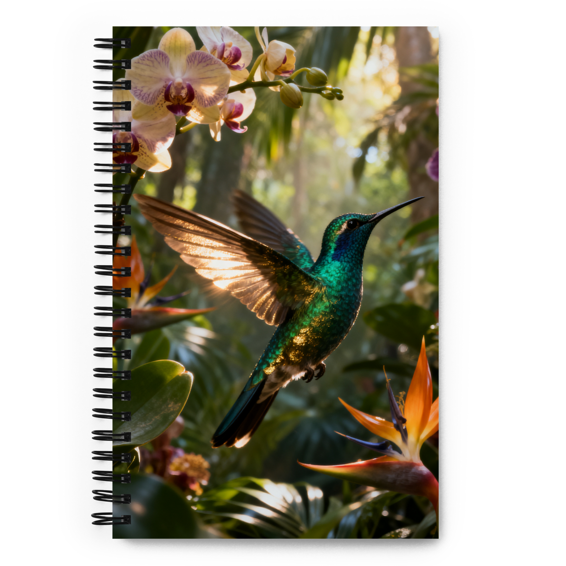 Spiralnotizbuch mit schillerndem Kolibri im tropischen Regenwald als transparente Vorderseitenansicht mit detailreichem Naturmotiv.