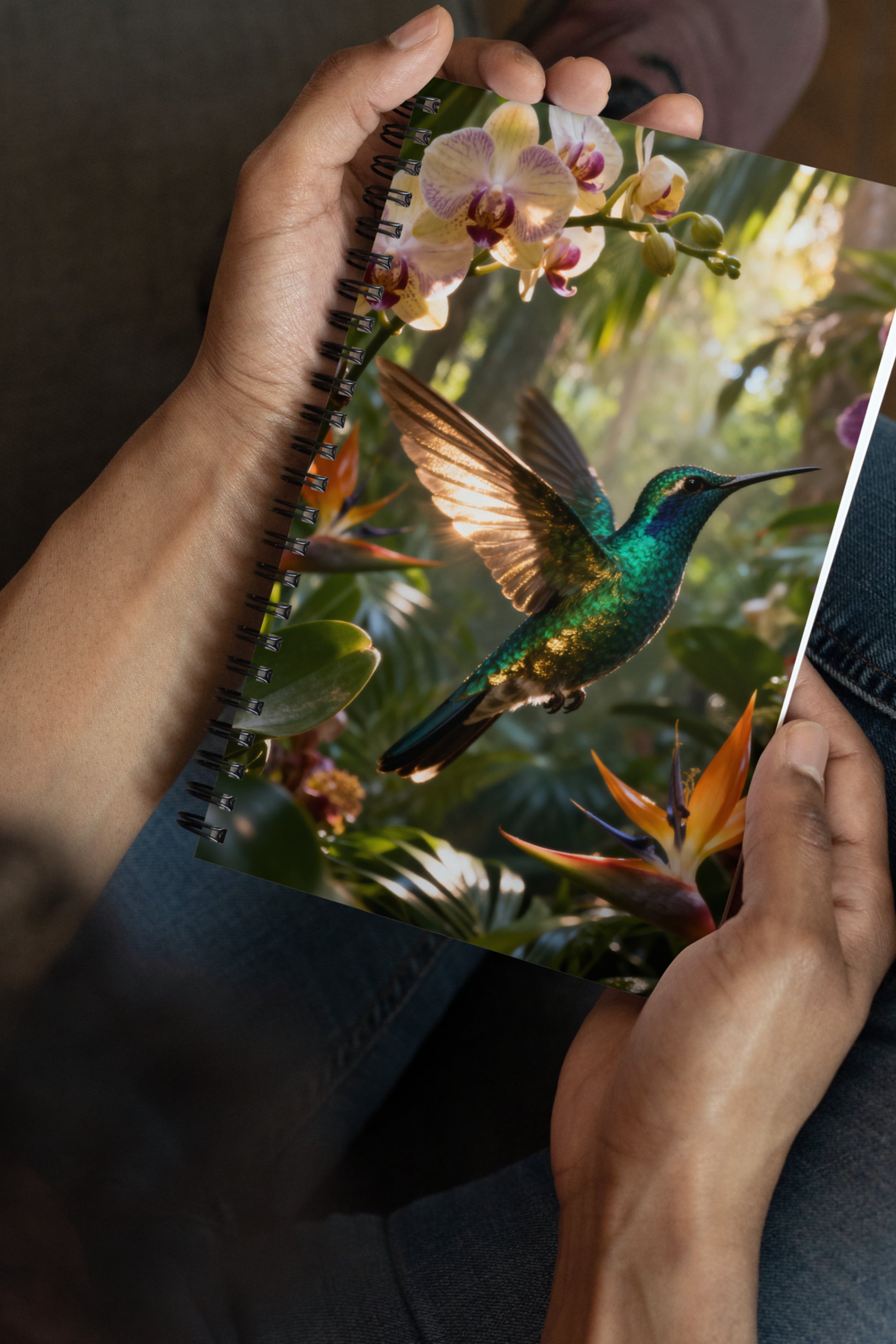 Spiralnotizbuch mit schillerndem Kolibri im tropischen Regenwald, in den Händen gehalten.